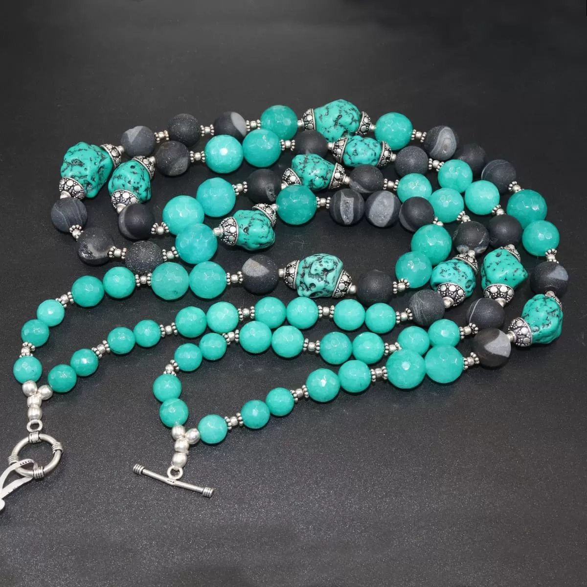 Double Strands Beaded Necklace Ithaca Peak Turquoise & Black Druzy Beads Blue Agate 925 Sterling Silver Handmade