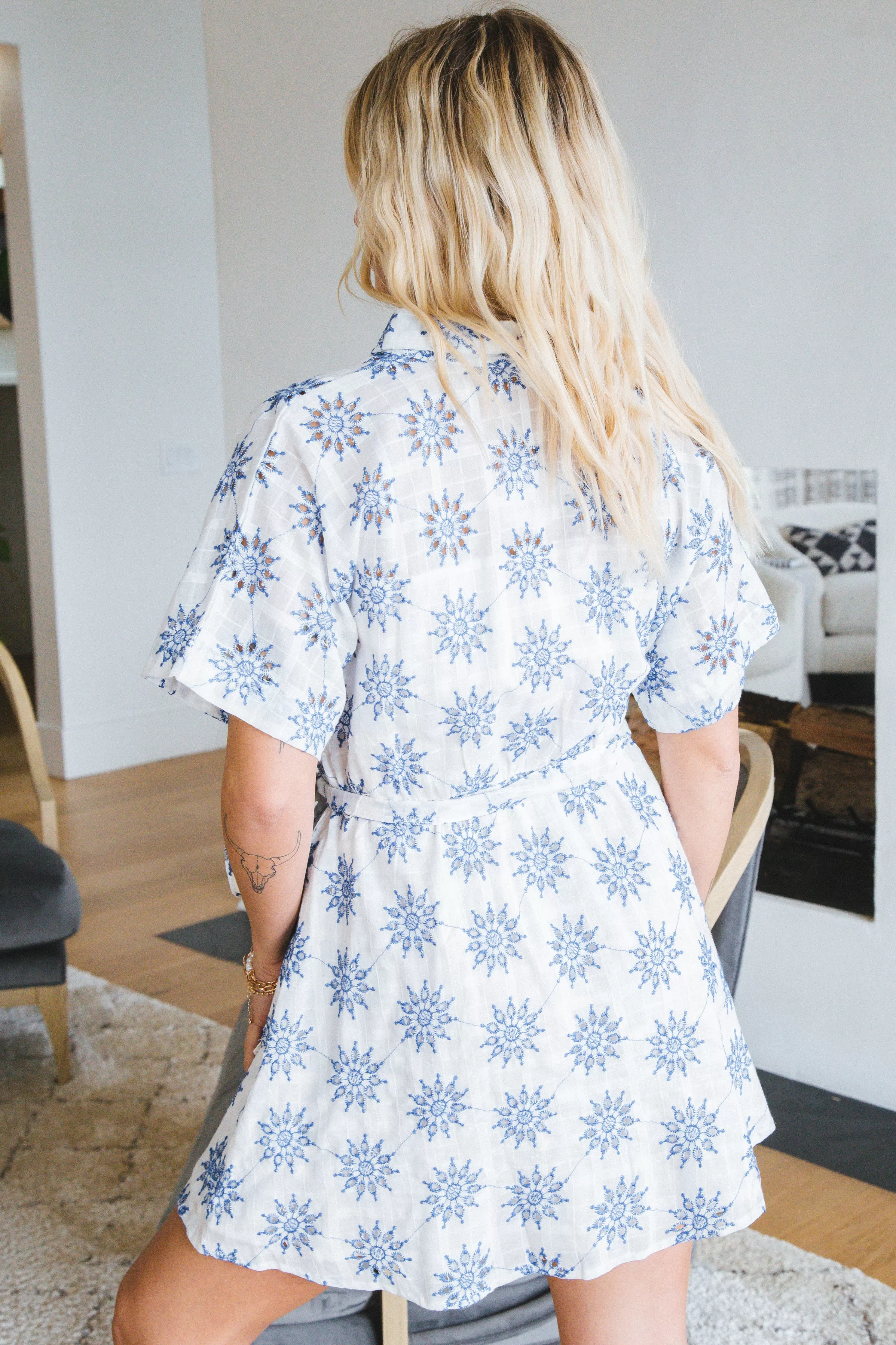 Emersyn Eyelet Mini Shirt Dress, White Blue