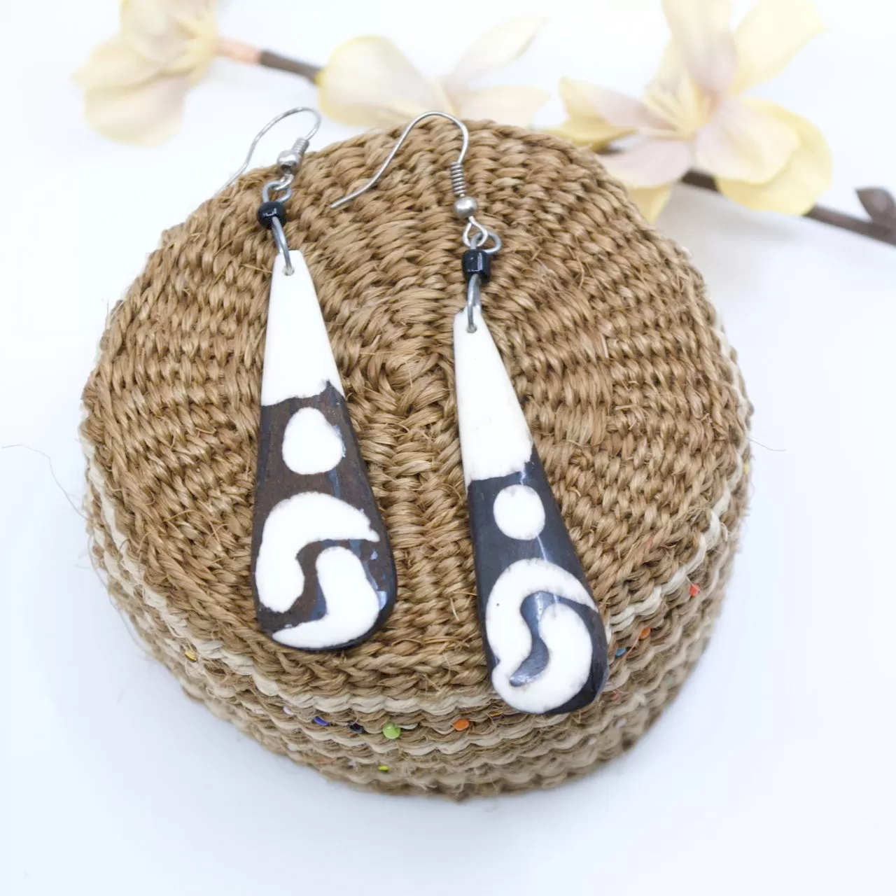 Exotic Black and White Reclaimed Horn Drop Earrings from Kenya