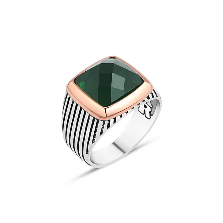 Facet Cut Green Square Zircon Stone Silver Men's Ring with Stripe Pattern