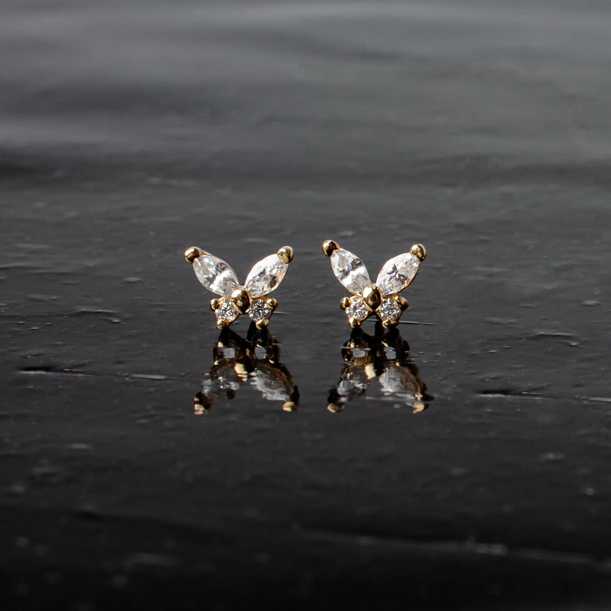 Flutter Crystal Butterfly Flat Back Sleeper Earrings - 14K Solid Gold