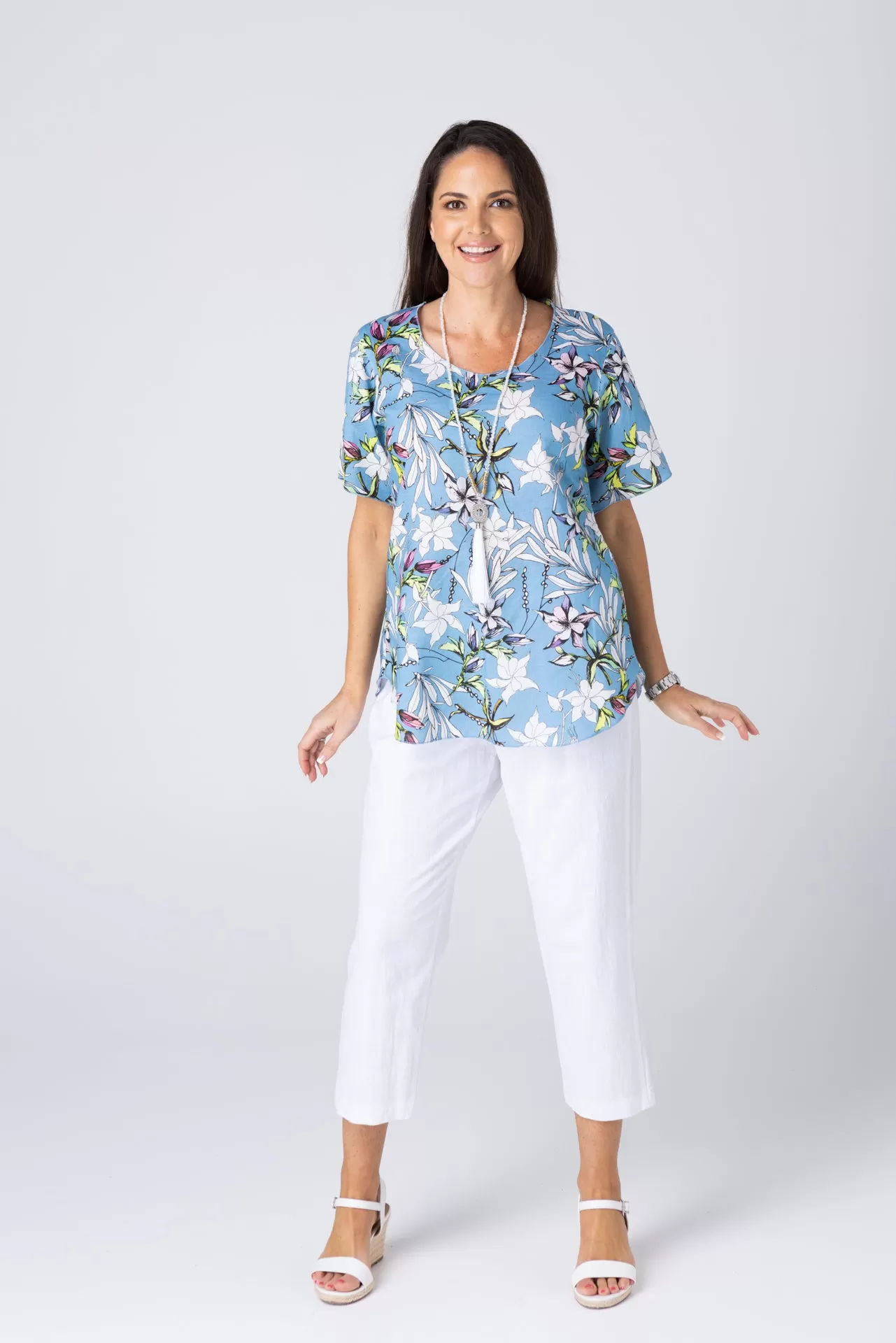 French Print Short Sleeve Linen/Silk Shirt