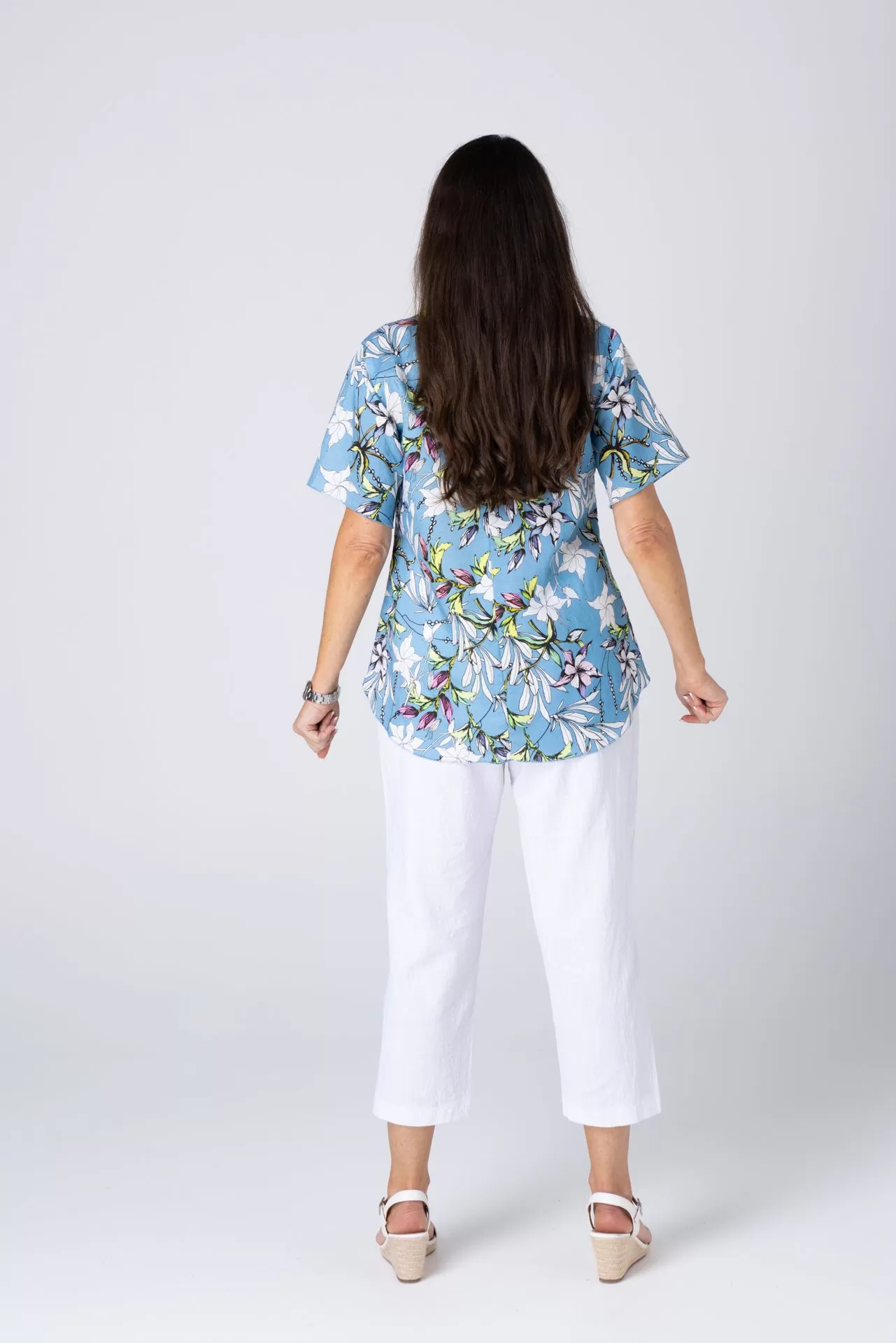 French Print Short Sleeve Linen/Silk Shirt