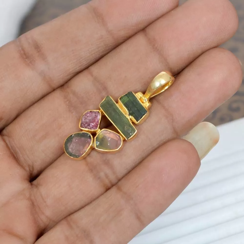 Genuine Tourmaline Gemstone Gold Vermeil Sterling Silver Pendant