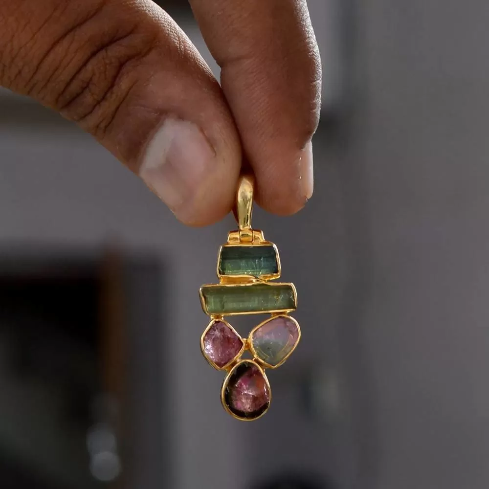 Genuine Tourmaline Gemstone Gold Vermeil Sterling Silver Pendant