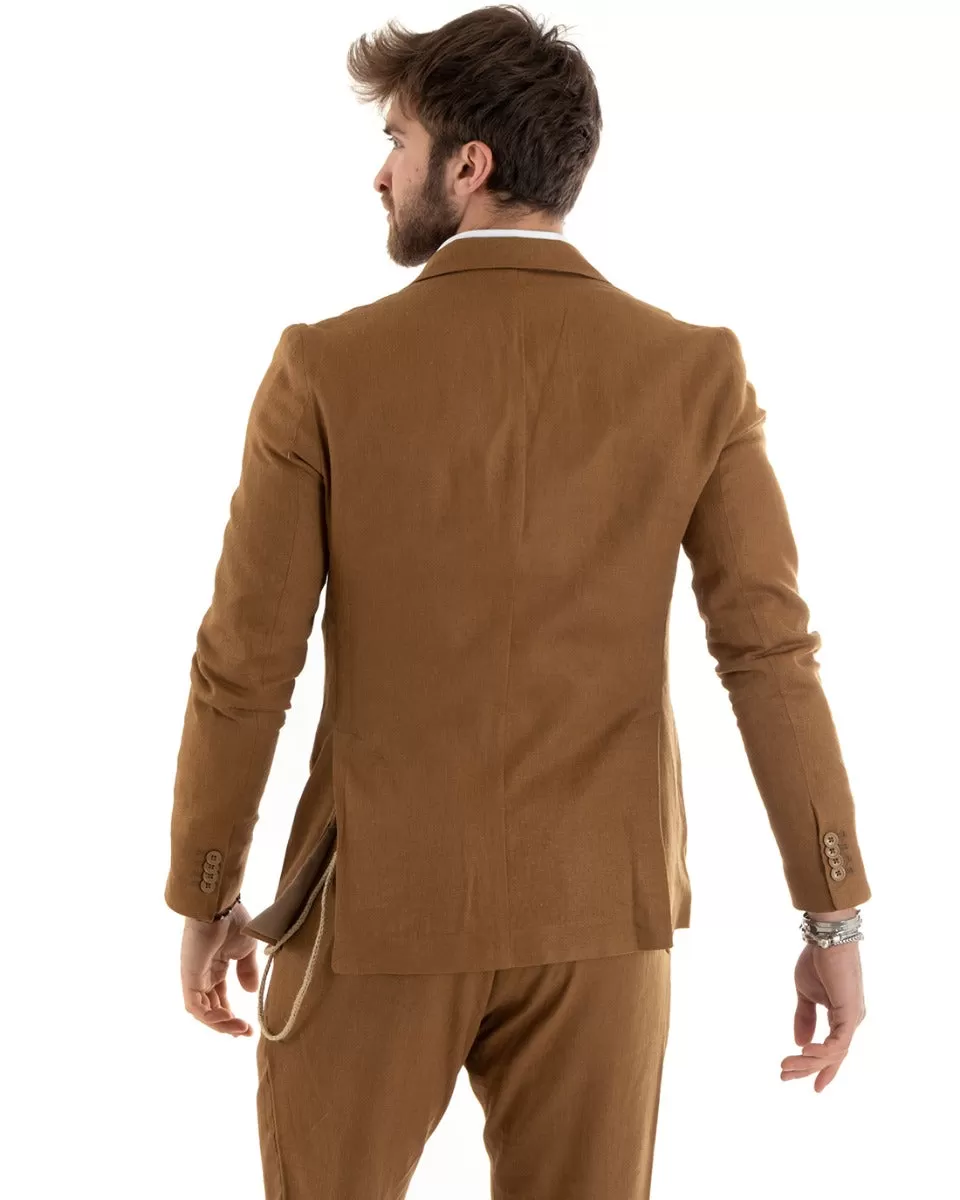 Giacca Uomo Doppiopetto Lino Tinta Unita Camel Sartoriale Cerimonia Elegante Casual GIOSAL-G3065A