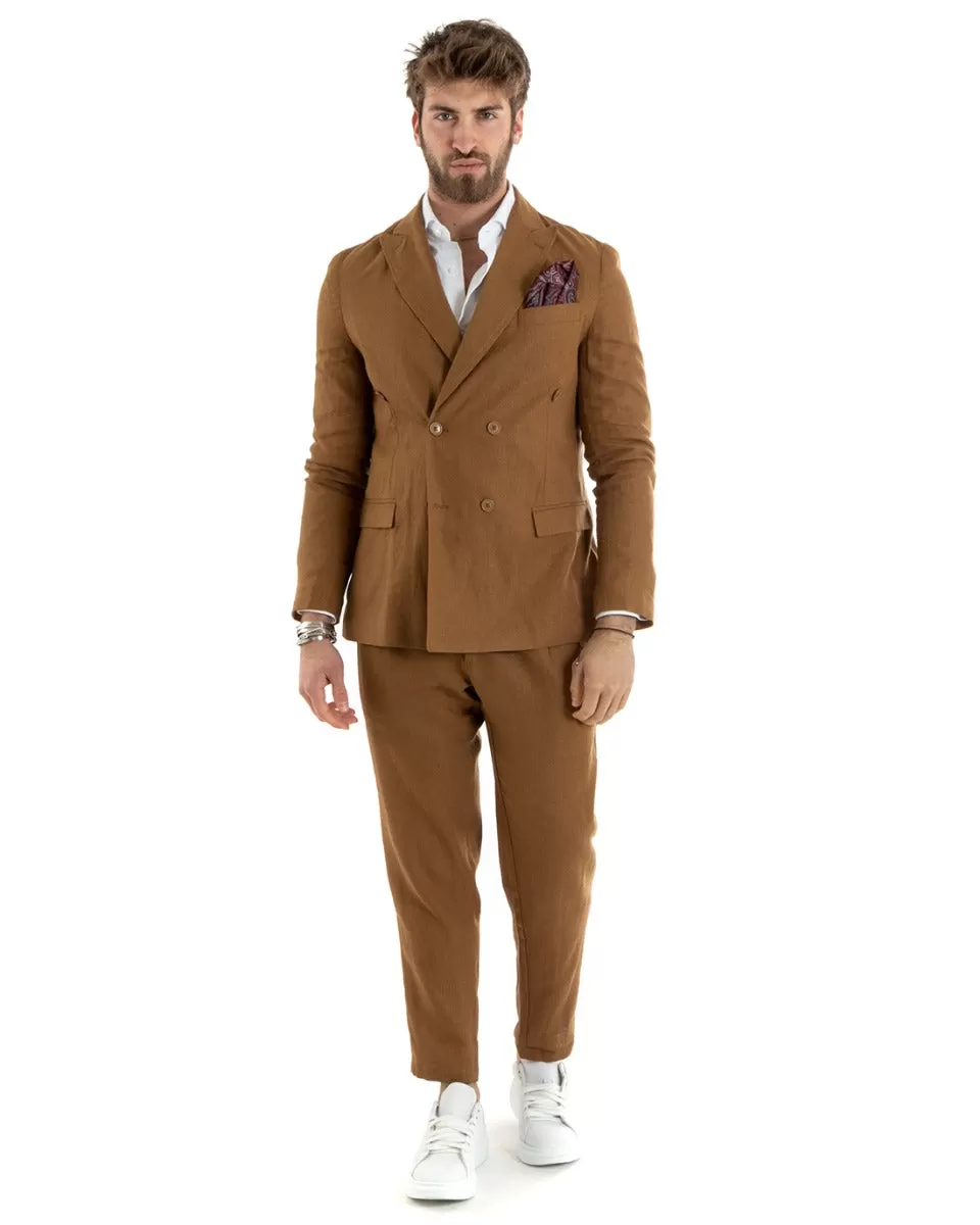 Giacca Uomo Doppiopetto Lino Tinta Unita Camel Sartoriale Cerimonia Elegante Casual GIOSAL-G3065A