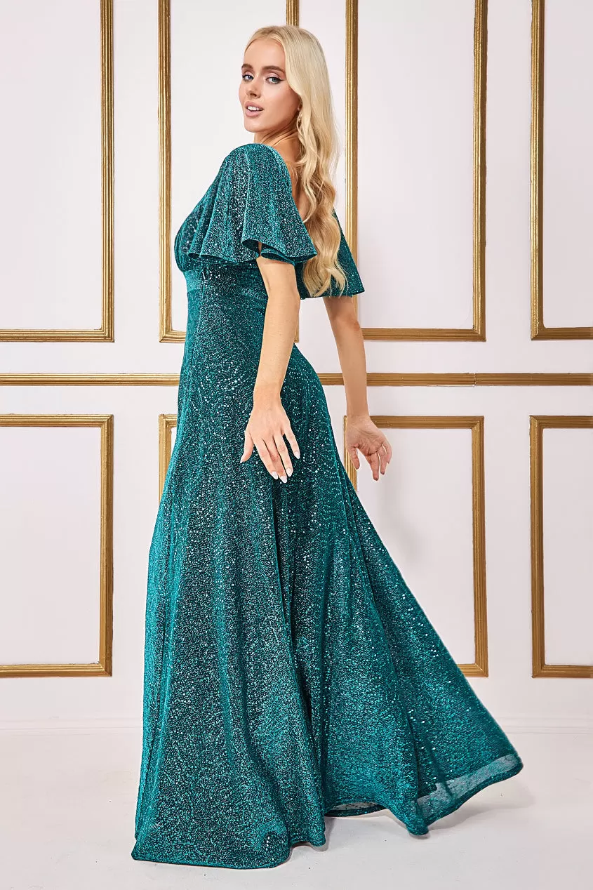 Goddiva Sequin Lurex Flutter Sleeve Maxi Dress