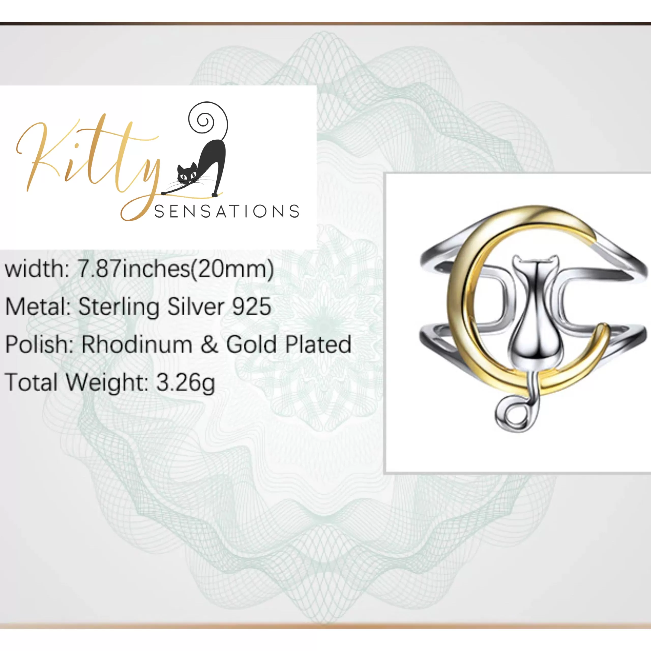 Gold and Silver Moon Kitty Double-Band Ring in Solid 925 Sterling Silver (18K Gold Plated) - Adjustable Size