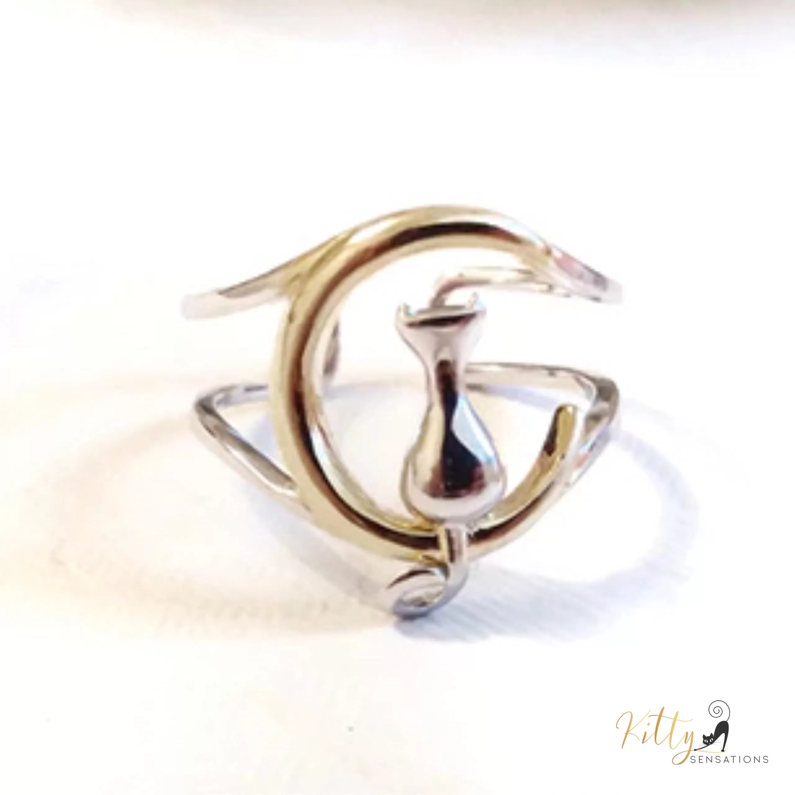 Gold and Silver Moon Kitty Double-Band Ring in Solid 925 Sterling Silver (18K Gold Plated) - Adjustable Size