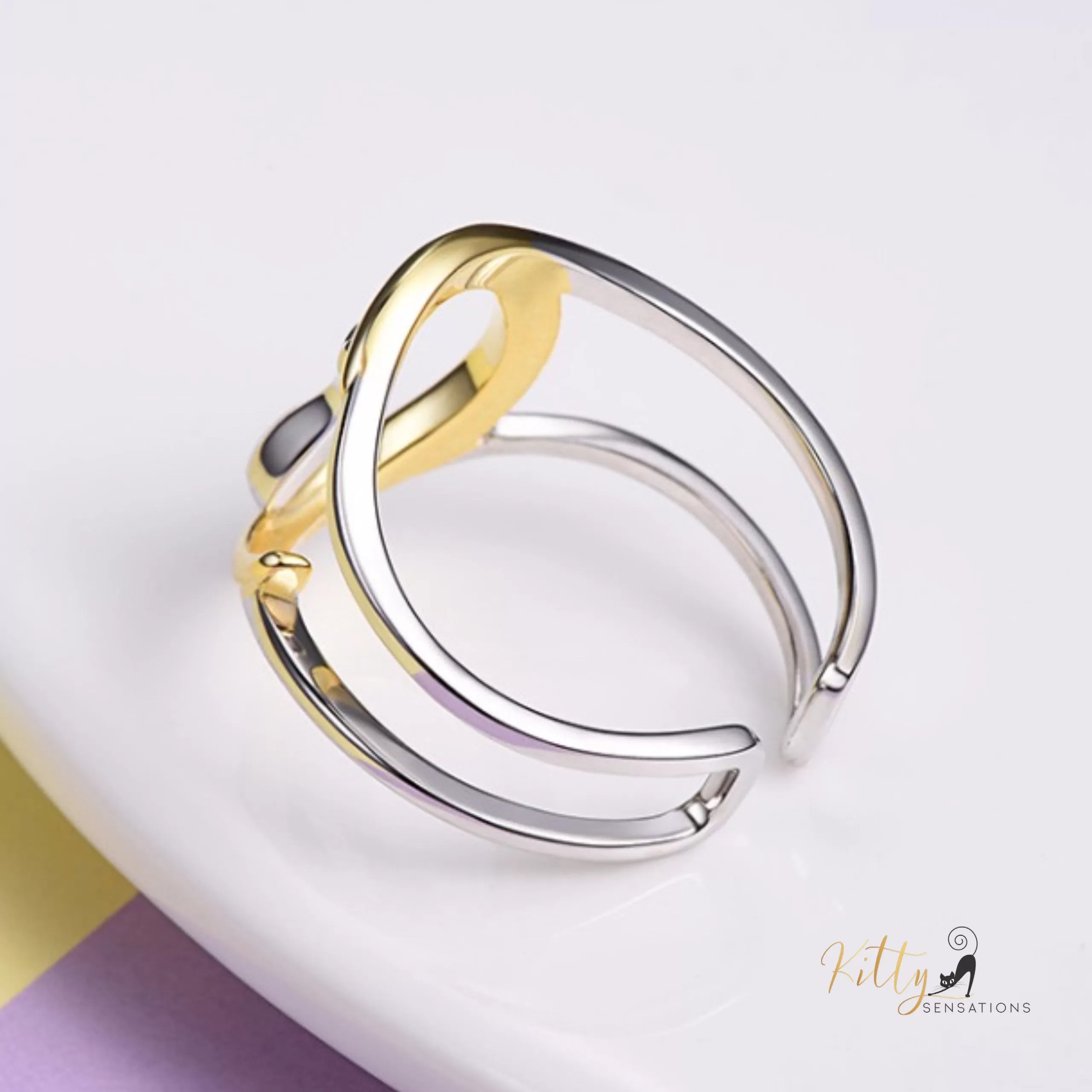 Gold and Silver Moon Kitty Double-Band Ring in Solid 925 Sterling Silver (18K Gold Plated) - Adjustable Size