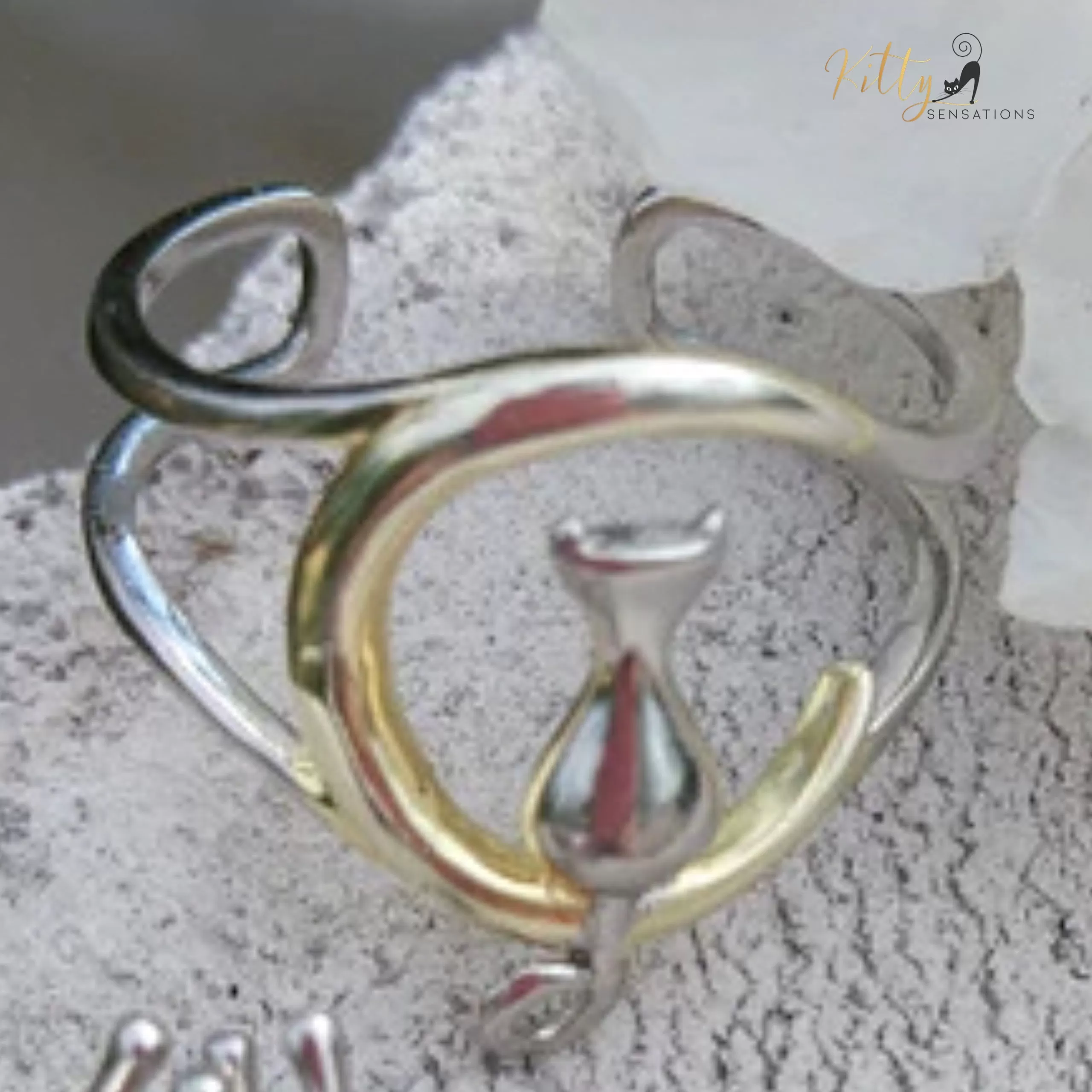 Gold and Silver Moon Kitty Double-Band Ring in Solid 925 Sterling Silver (18K Gold Plated) - Adjustable Size