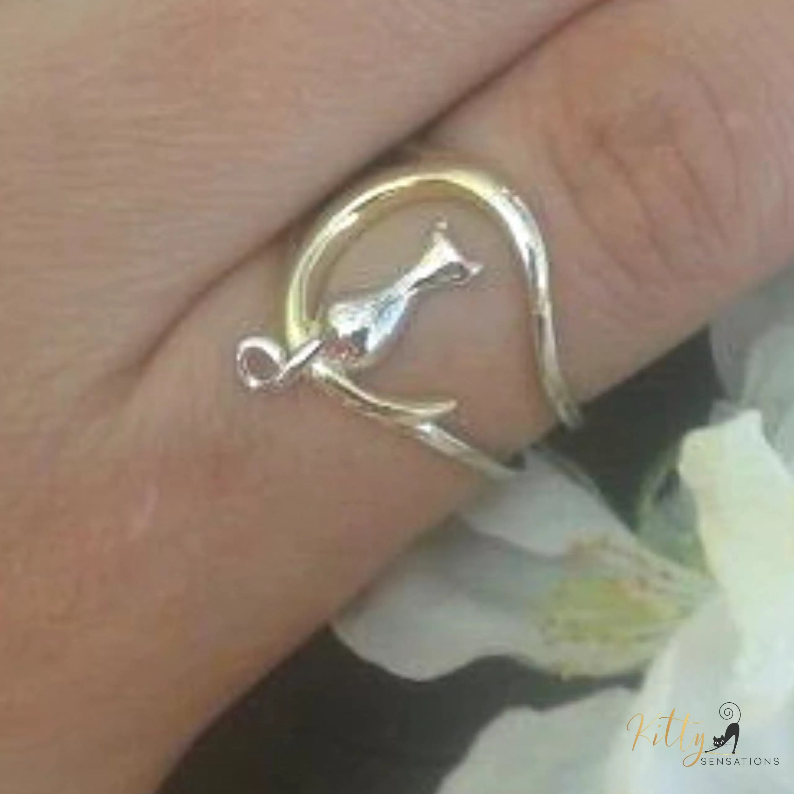 Gold and Silver Moon Kitty Double-Band Ring in Solid 925 Sterling Silver (18K Gold Plated) - Adjustable Size