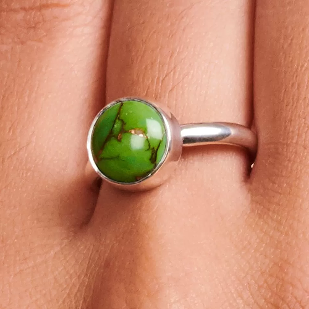 Green Copper Turquoise Ring, Turquoise Gemstone, Round Cabochon Bezel Set Ring, Simple Gift Jewelry for Her, 925 Sterling Silver, Bohemian, Dainty