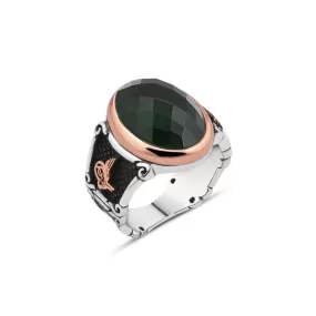 Green Facet Cut Ellipse Zircon Stone Silver Men’s Ring Siding Ottoman Tughra