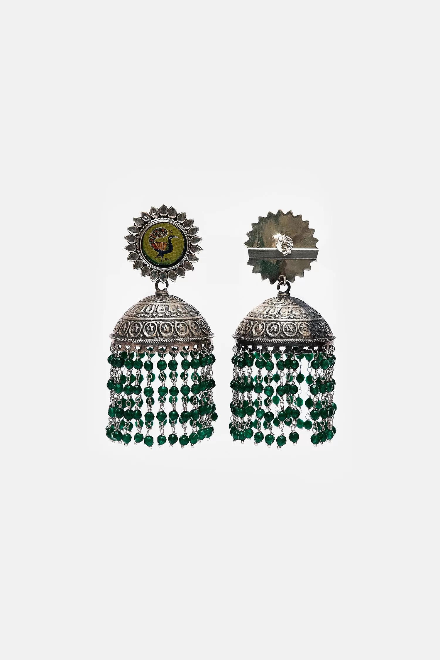 Hand Painted Peacock Motif With Green Pearls Jhumki