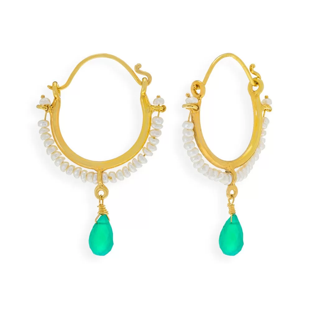 Handmade Gold Plated Silver Drop Earrings With Green Onyx & Pearls