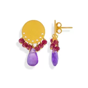 Handmade Gold Plated Silver Stud Earrings With Amethyst & Jade Gemstones