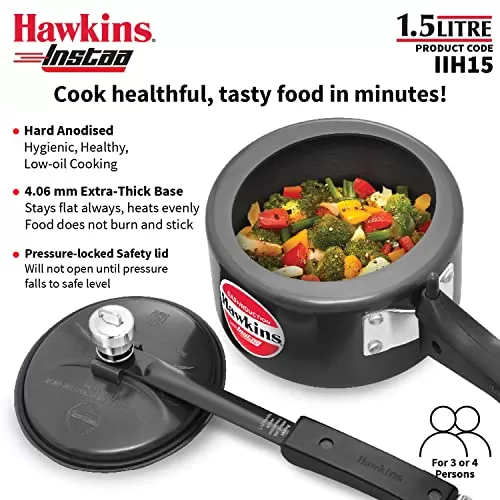 Hawkins 1.5 Litre Instaa Pressure Cooker, Induction Inner Lid Cooker, Tall Body Hard Anodised Cooker, Best Black Cooker, Black (IIH15)