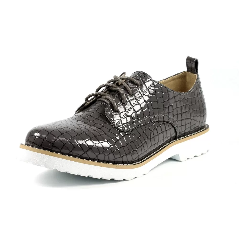 Lace Up Brogues Lunar Faux Croc Patent Ladies Casual Shoes Croft Grey sale