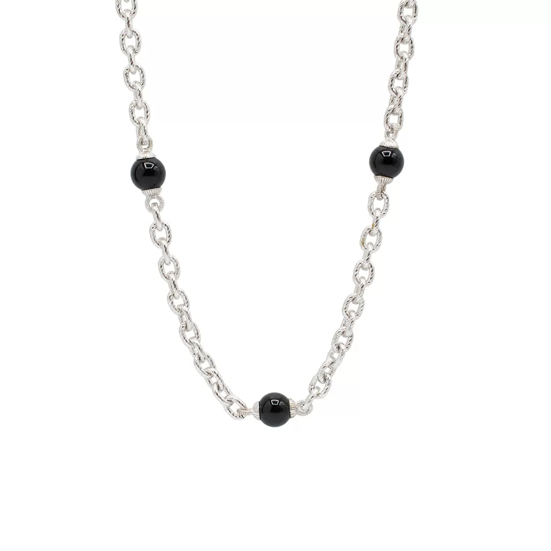 Ladies Judith Ripka 925 Sterling Silver Onyx Bead Link Necklace