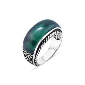 Lank Ovoid Cut Green Agate Stone Silver Men's Ring