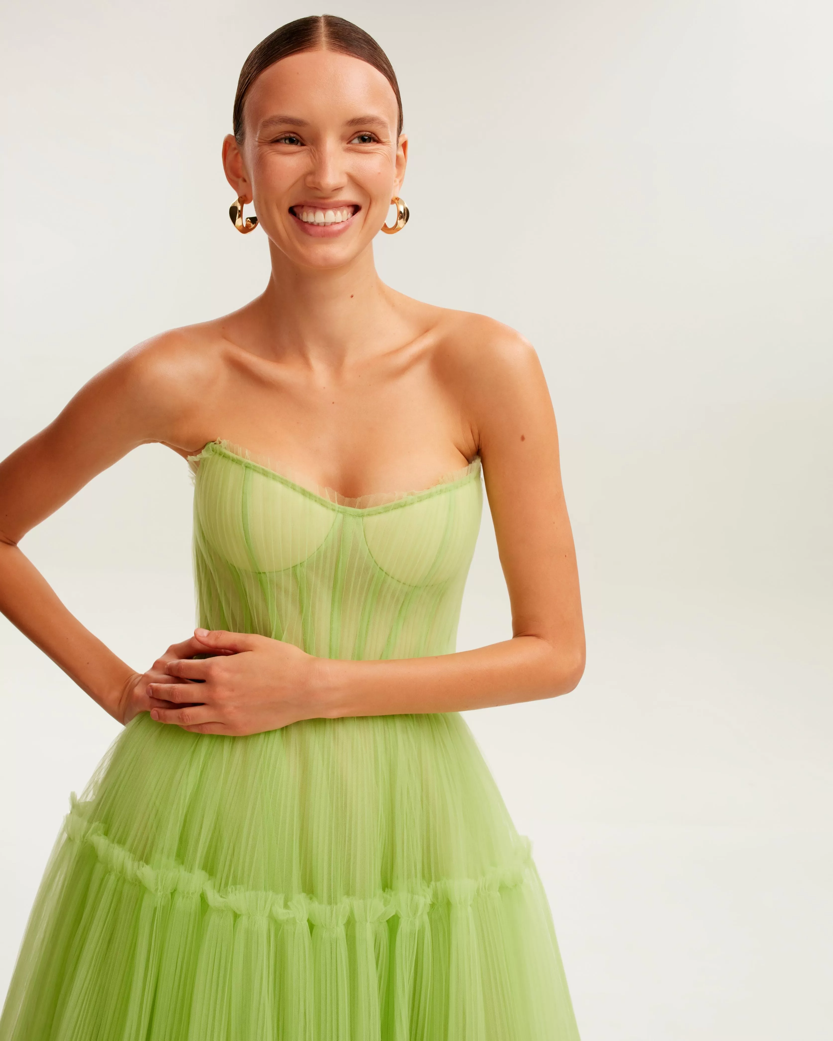 Light green tulle maxi dress with ruffled skirt, Garden of Eden