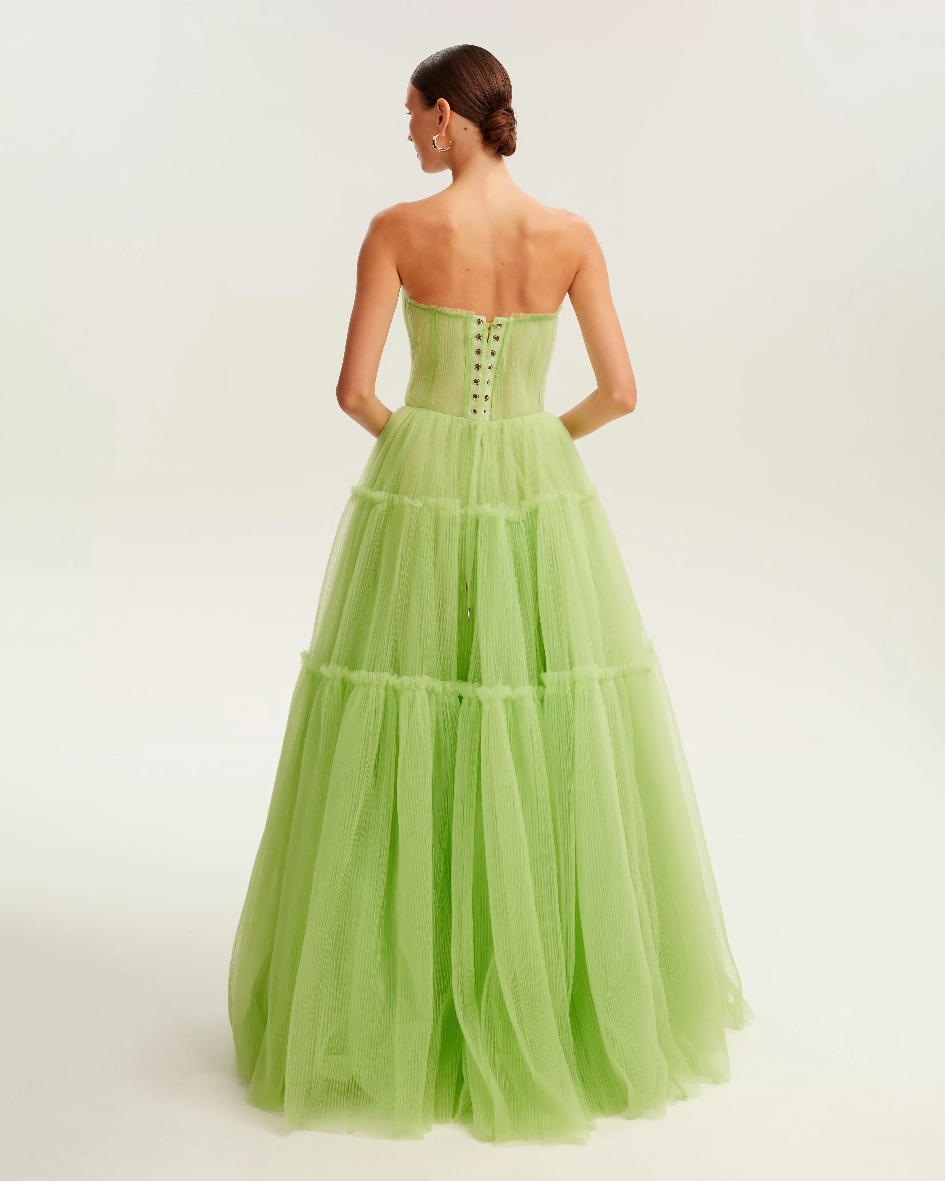 Light green tulle maxi dress with ruffled skirt, Garden of Eden