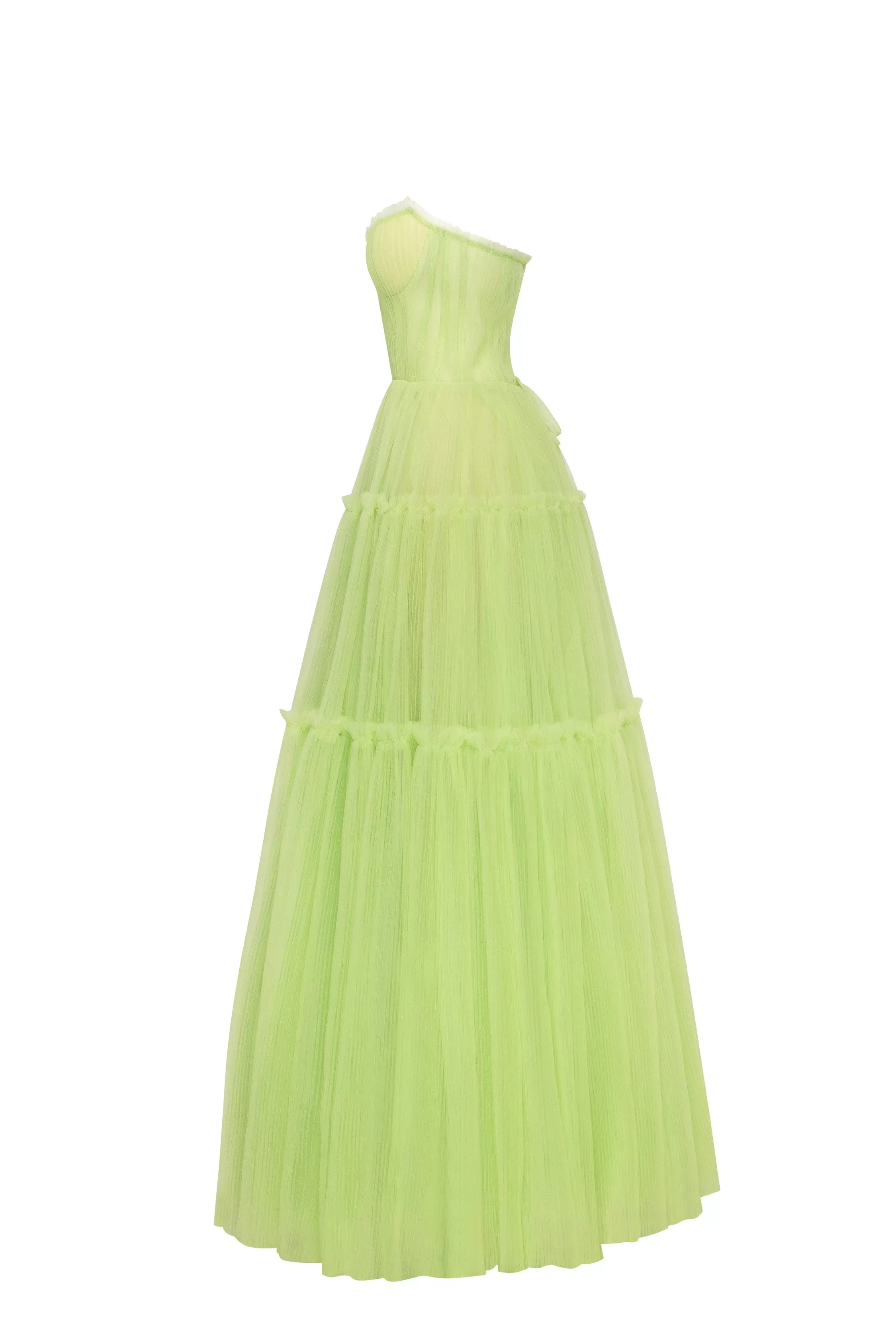 Light green tulle maxi dress with ruffled skirt, Garden of Eden