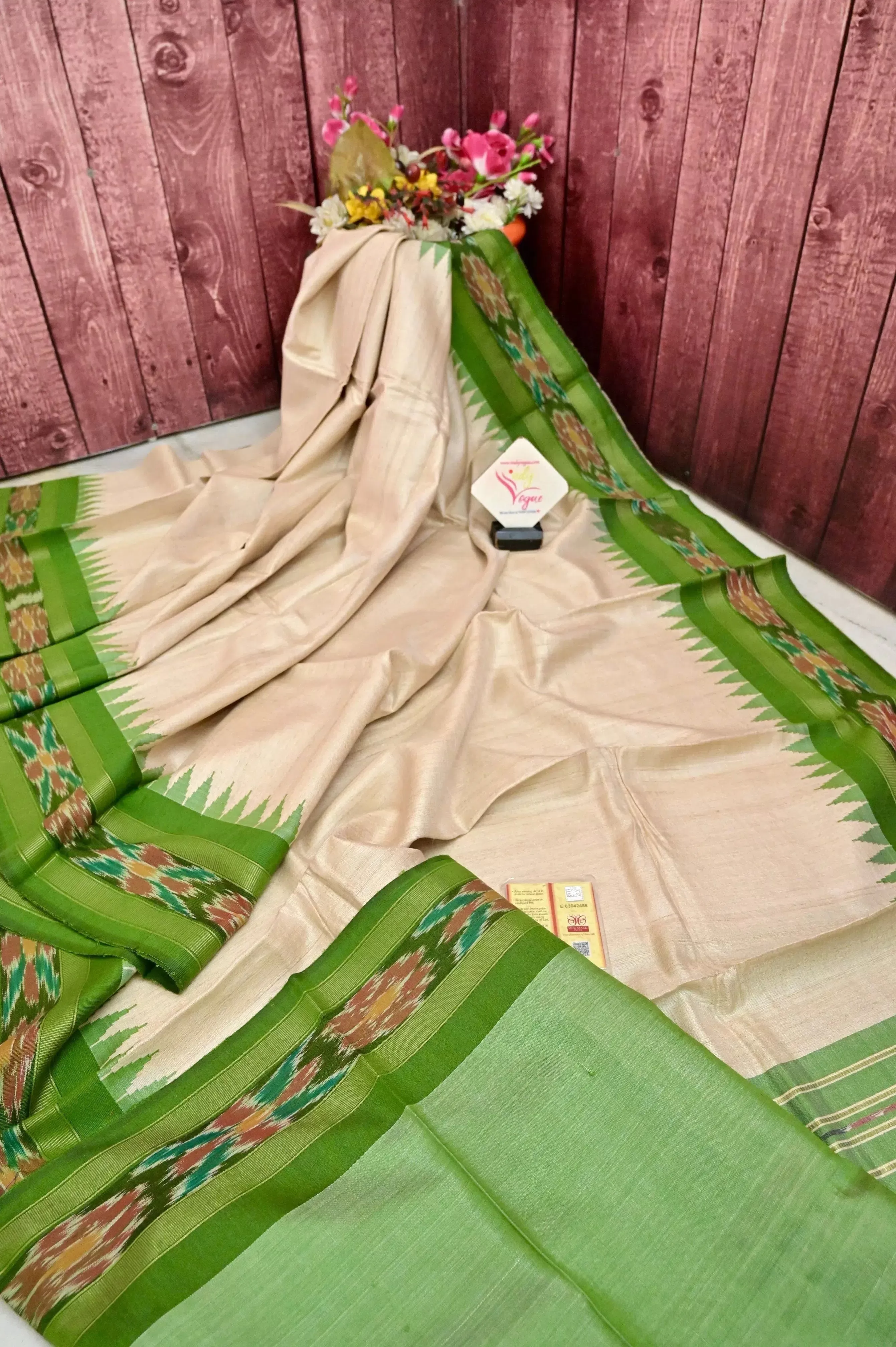 Light Sandal Color Tussar Silk Saree with Sambalpuri Pallu and Sambalpuri Border