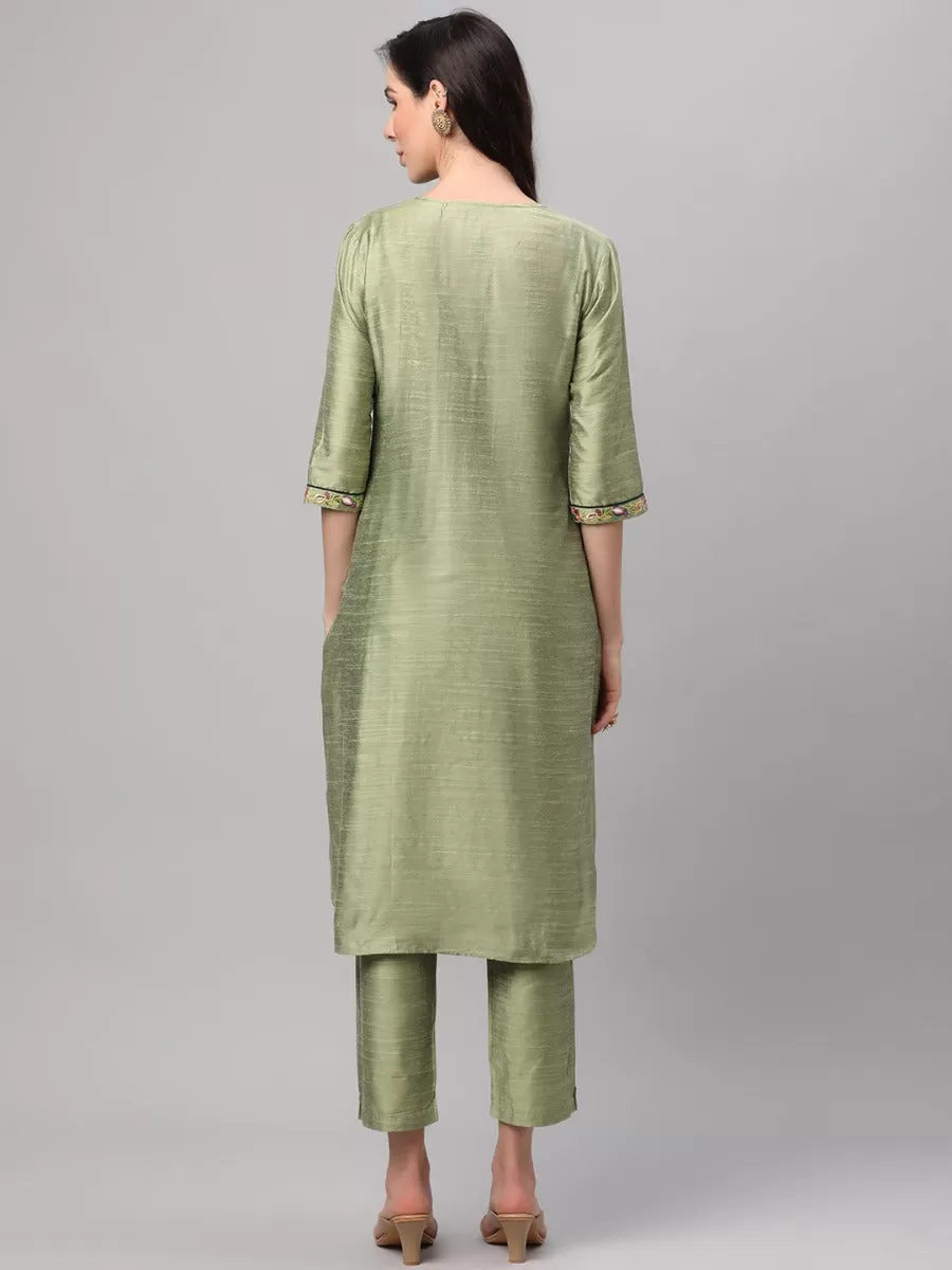 Lime Green Solid Kurta Trouser Dupatta