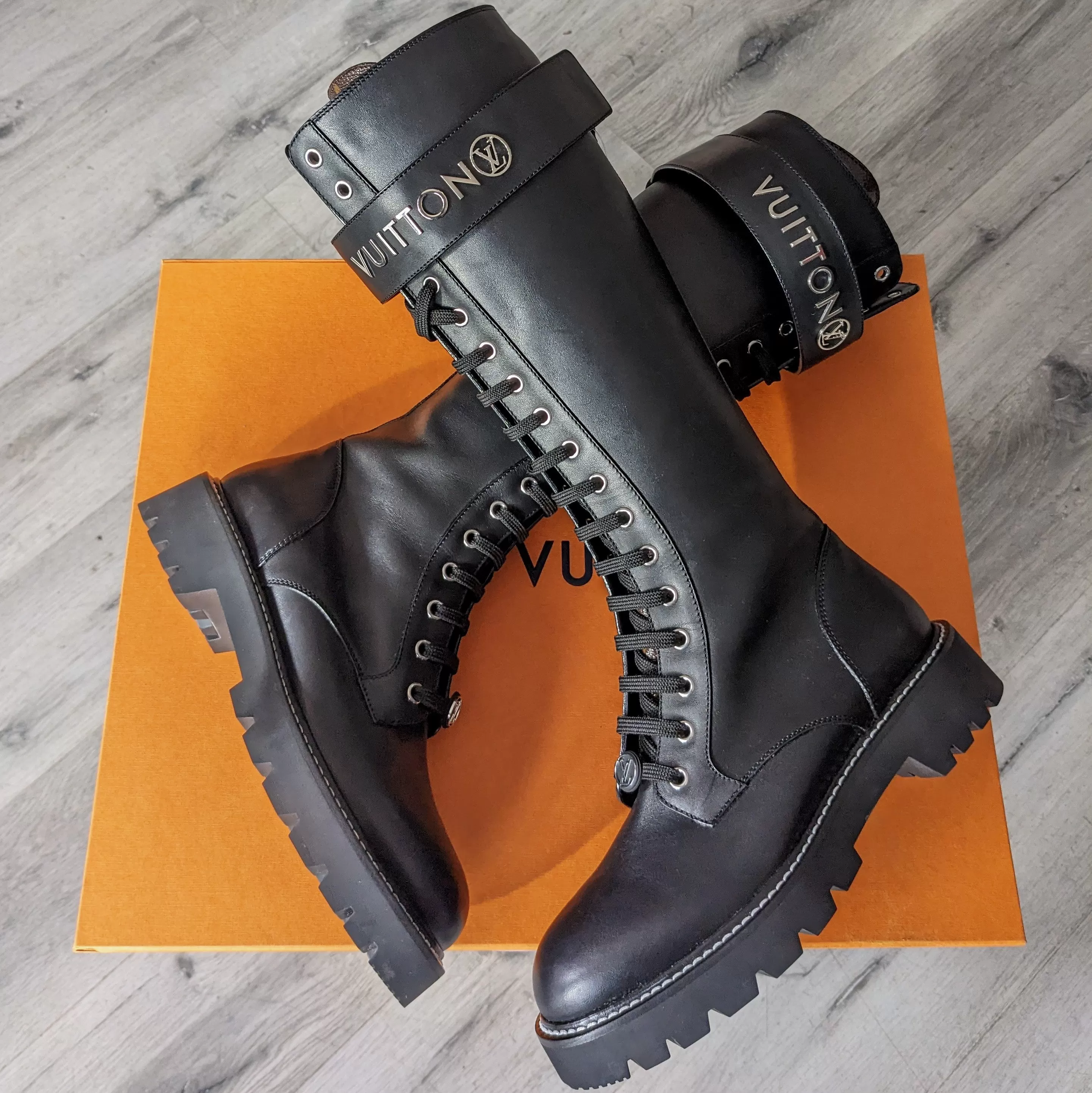 Louis Vuitton Black Leather and Monogram Territory Tall Lace Up Ranger Boot - 37