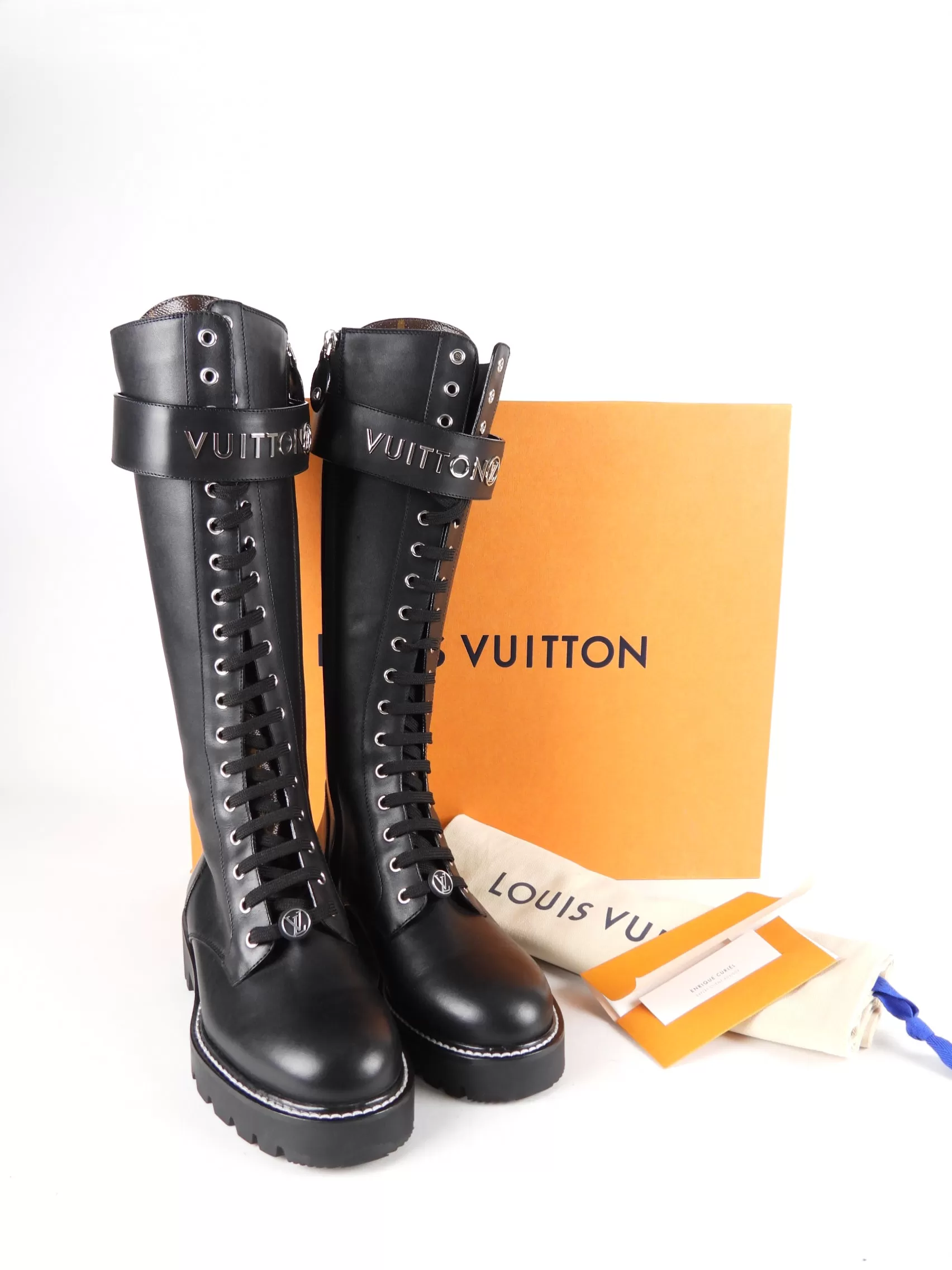 Louis Vuitton Black Leather and Monogram Territory Tall Lace Up Ranger Boot - 37