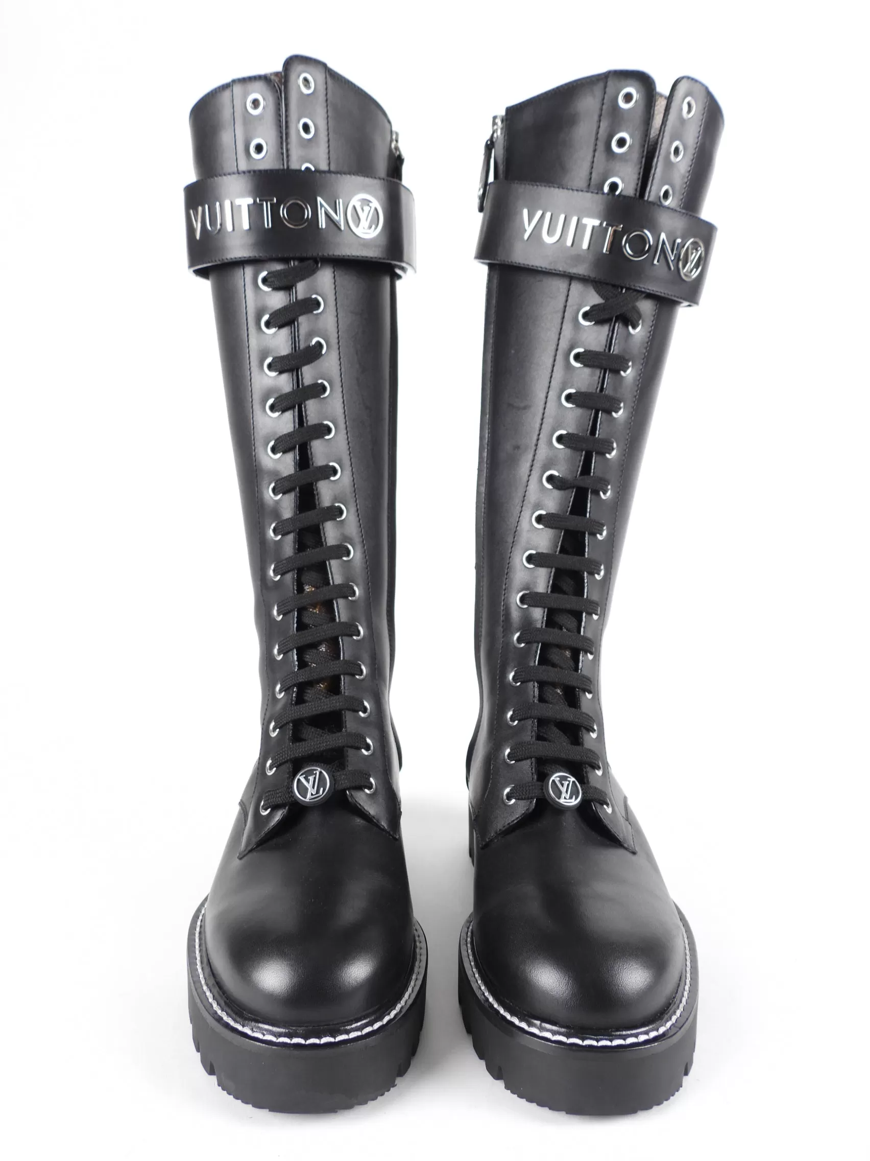 Louis Vuitton Black Leather and Monogram Territory Tall Lace Up Ranger Boot - 37