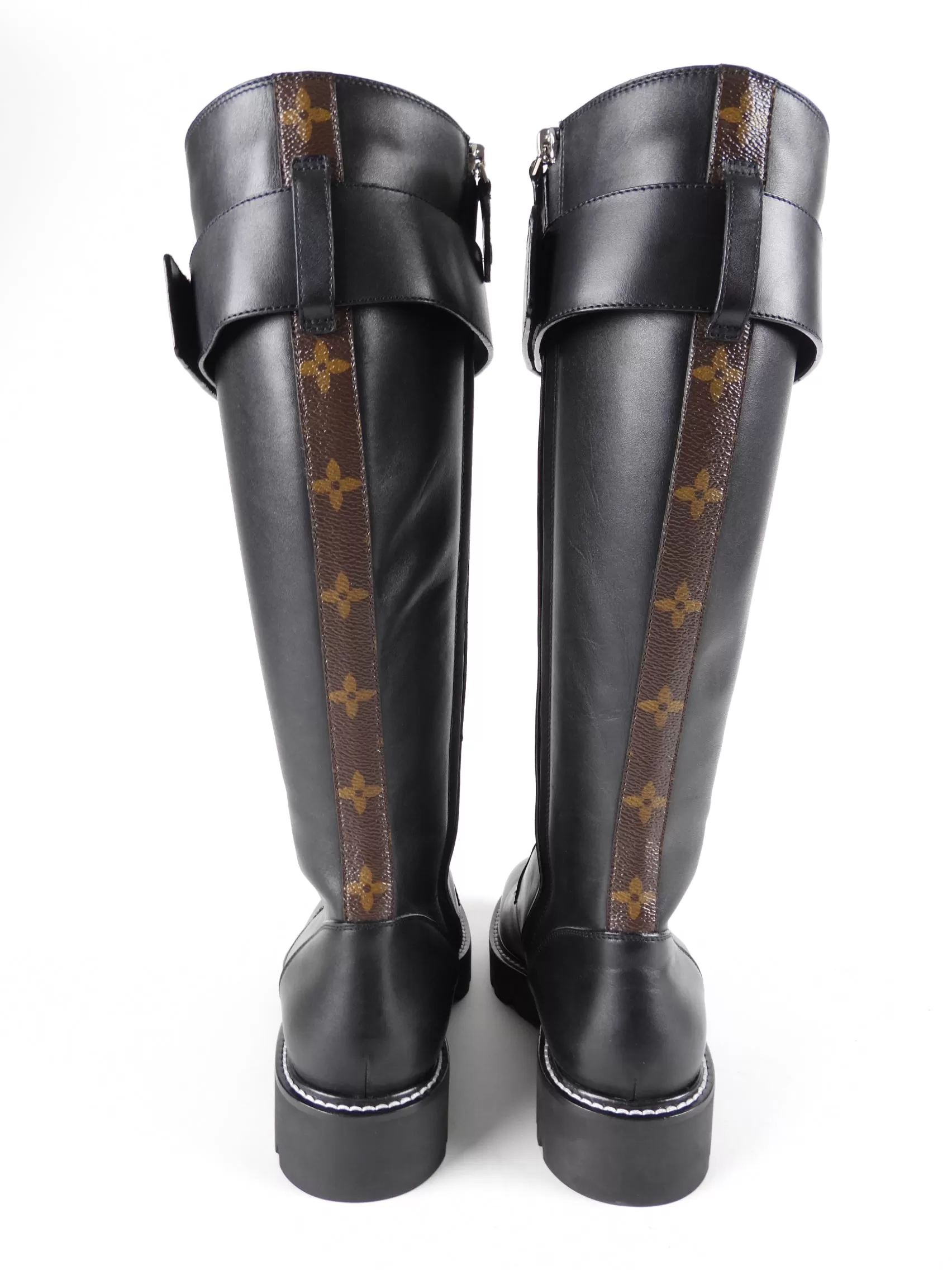 Louis Vuitton Black Leather and Monogram Territory Tall Lace Up Ranger Boot - 37