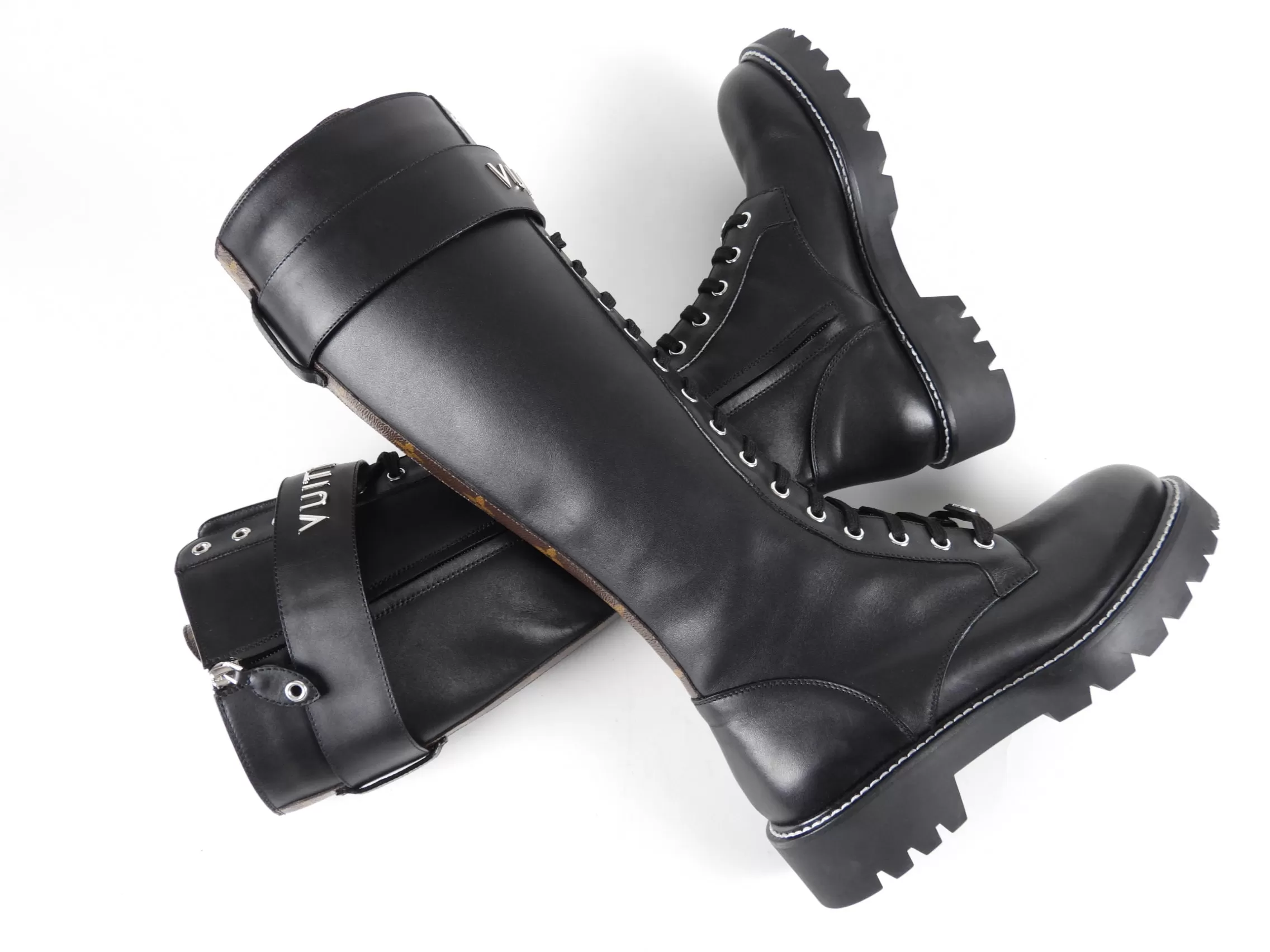 Louis Vuitton Black Leather and Monogram Territory Tall Lace Up Ranger Boot - 37