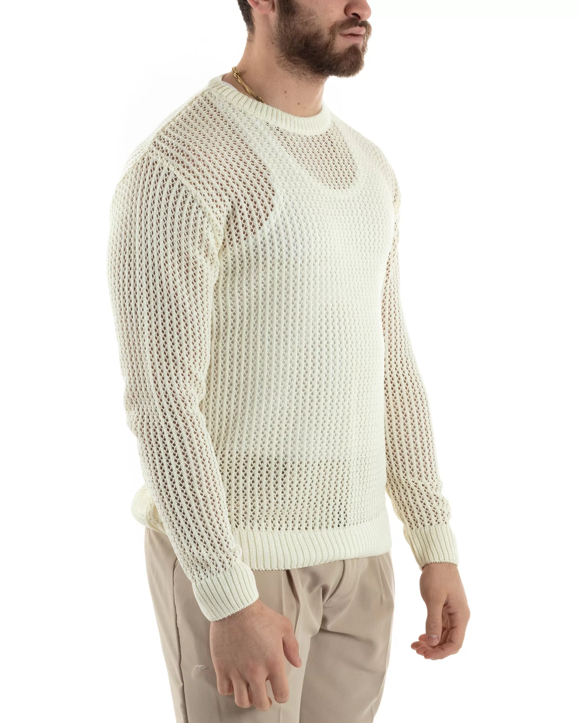 Maglioncino Uomo Traforato Girocollo Maglia Bucata Tinta Unita Bianco Basic Casual GIOSAL-M2819A