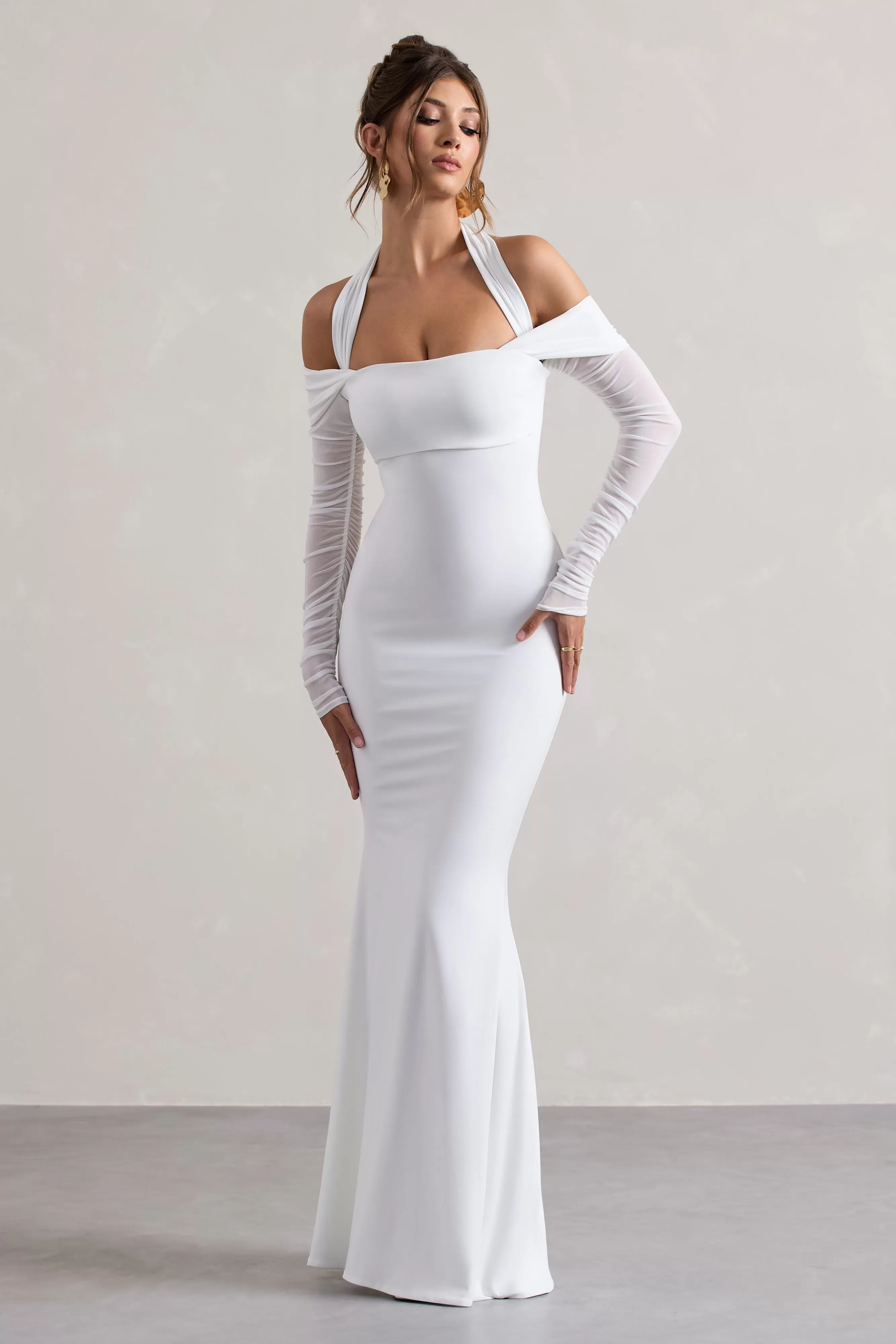 Malisha | White Halter-Neck Long-Sleeve Fishtail Maxi Dress