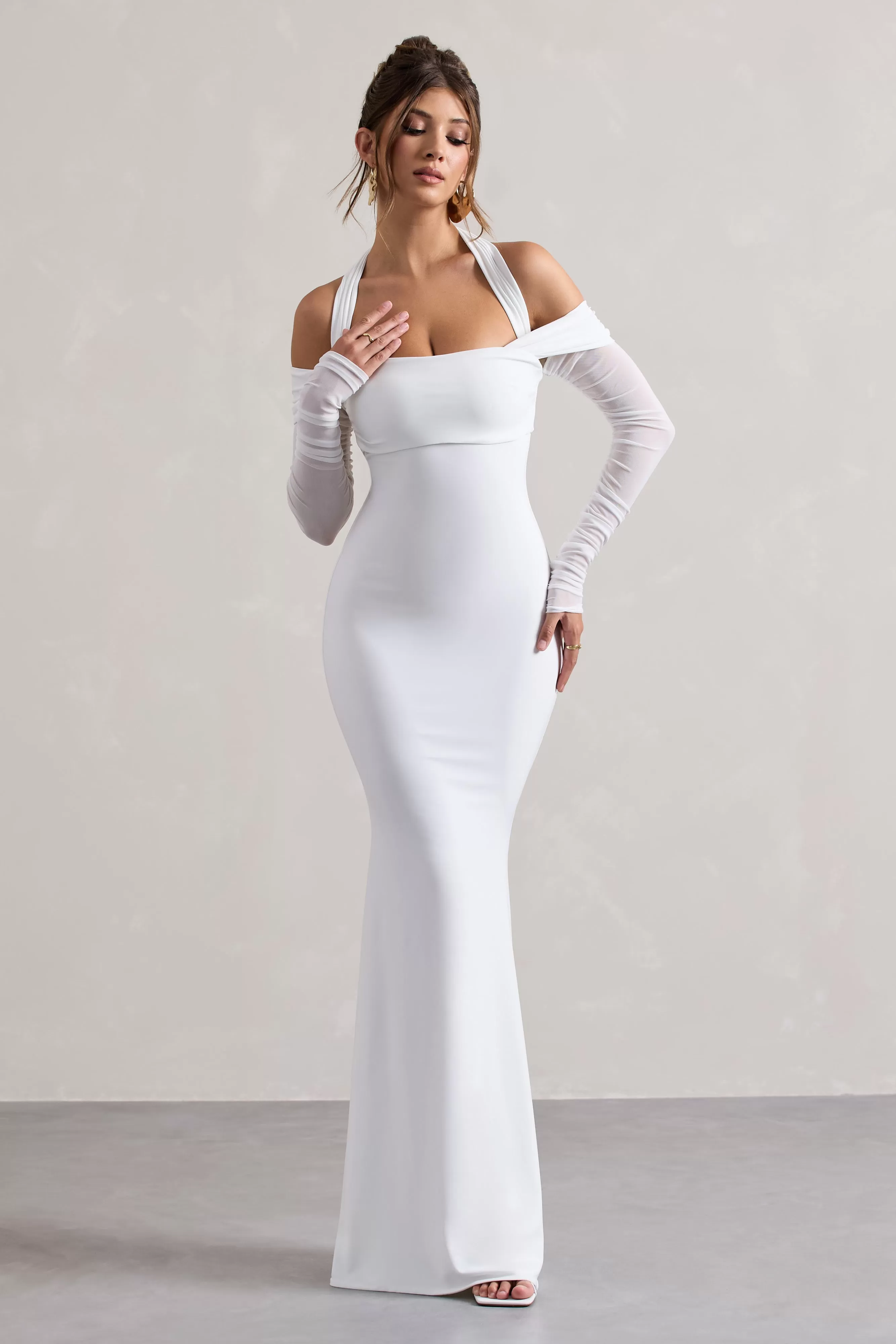 Malisha | White Halter-Neck Long-Sleeve Fishtail Maxi Dress