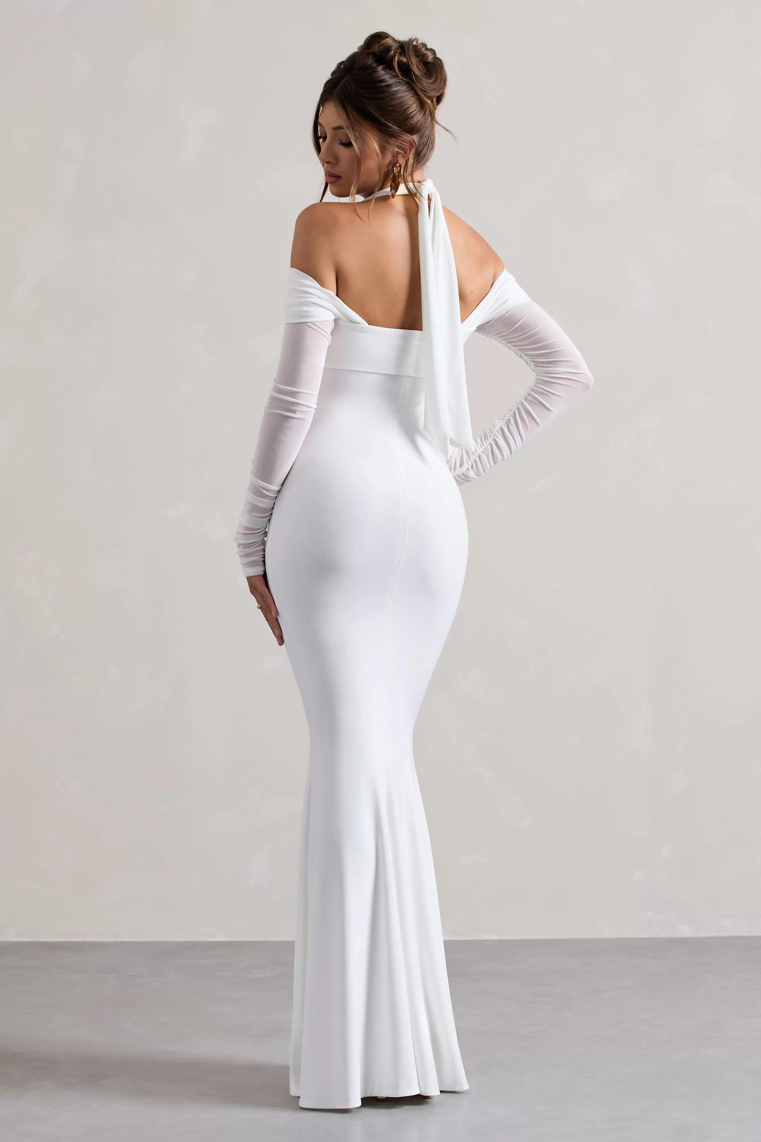 Malisha | White Halter-Neck Long-Sleeve Fishtail Maxi Dress