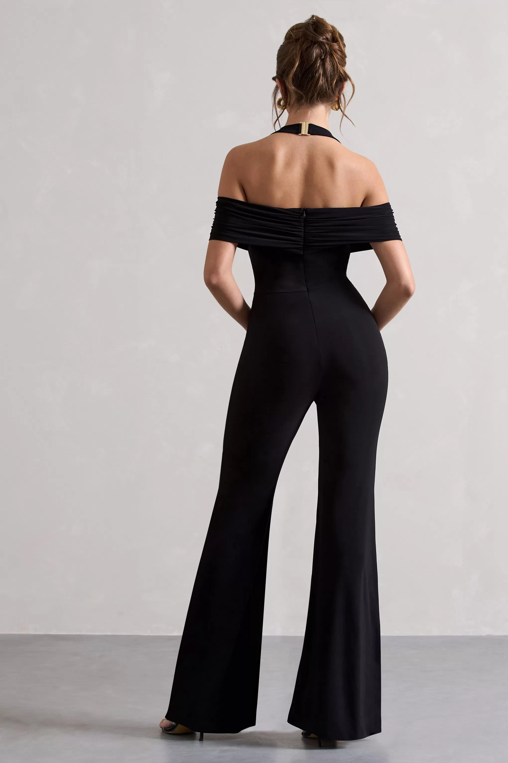 Mara | Black Bardot Halter-Neck Flared-Leg Jumpsuit