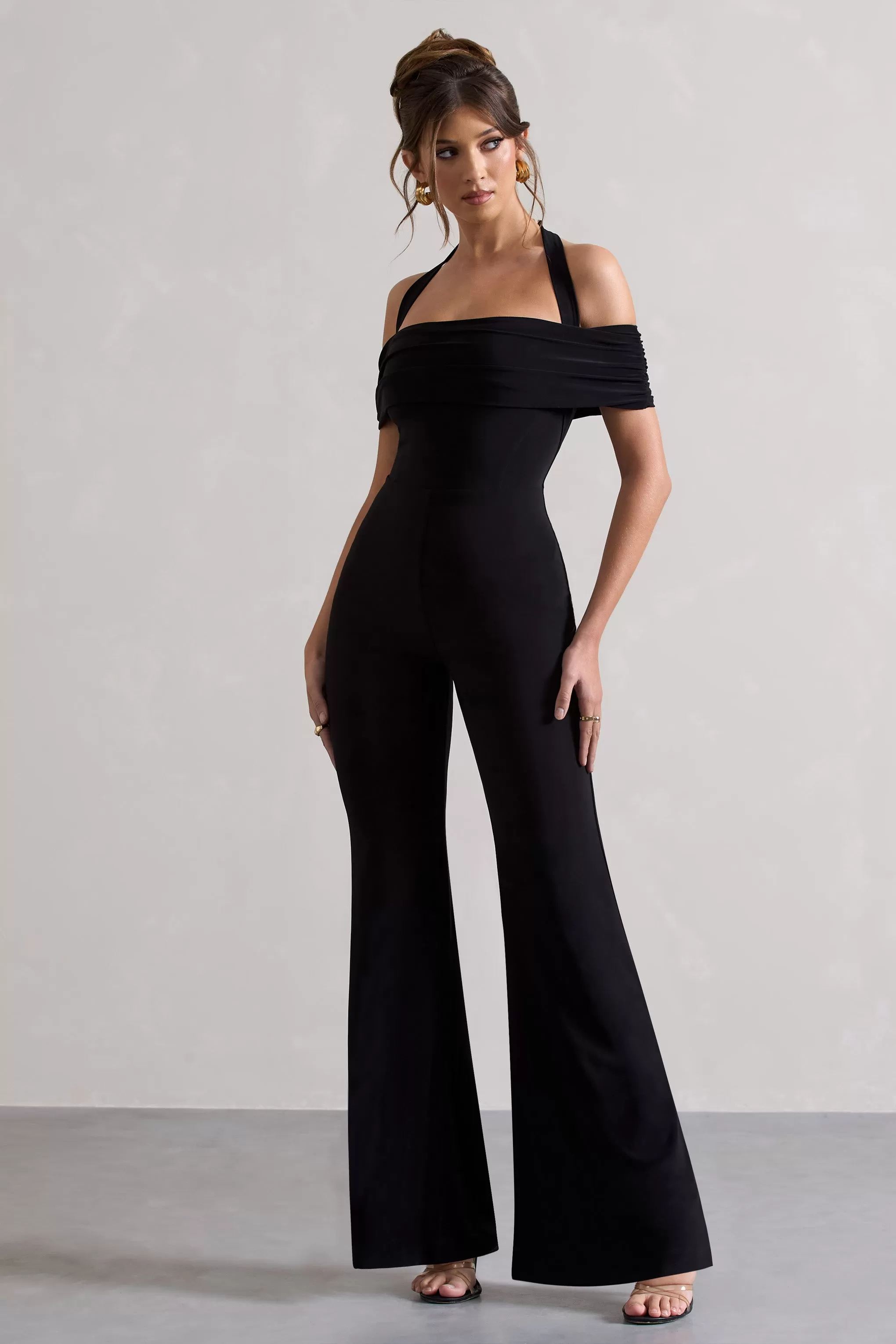 Mara | Black Bardot Halter-Neck Flared-Leg Jumpsuit