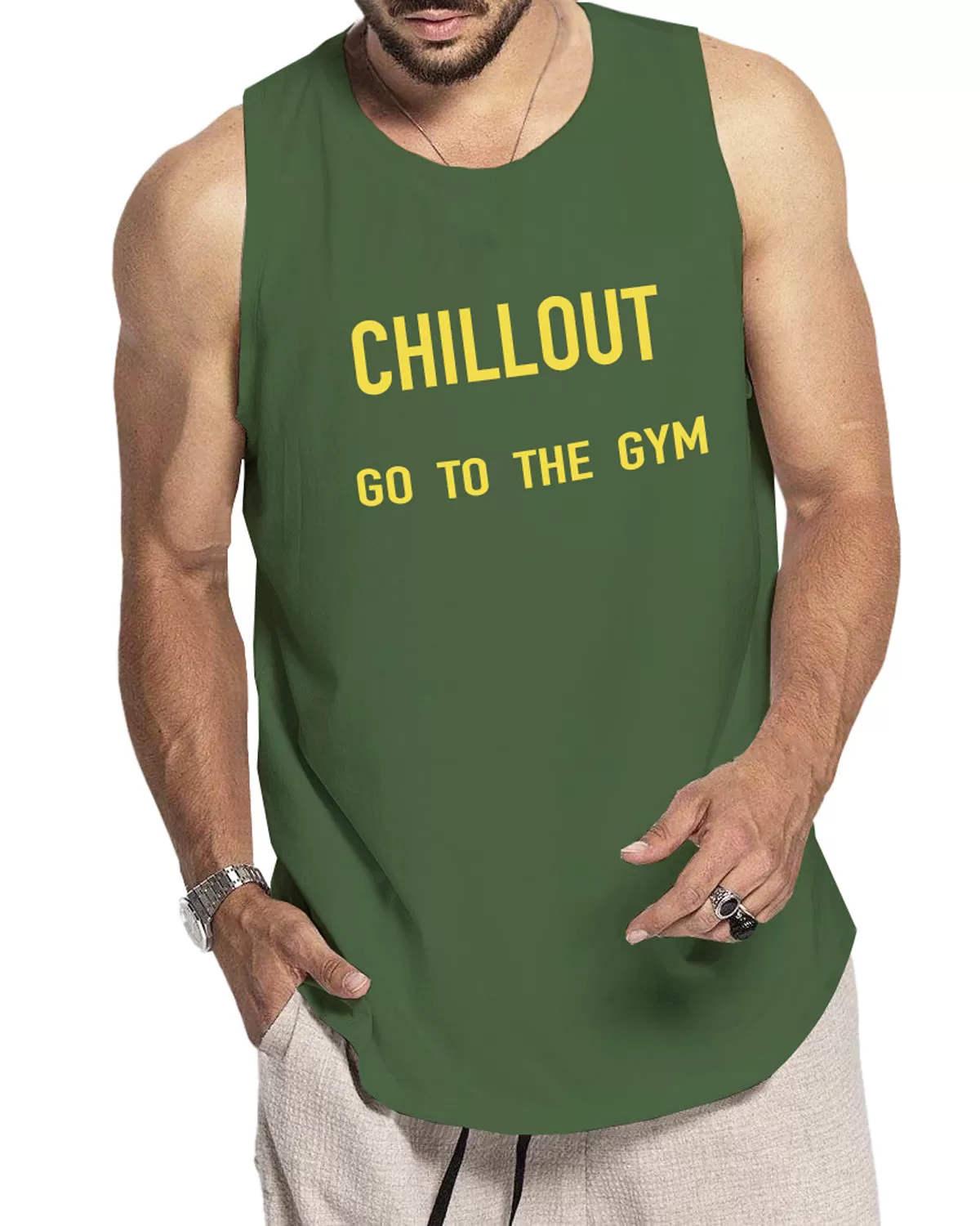 MEN OLIVE GREEN SLEEVELESS GYM TANK TOP VEST