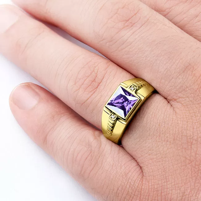 Men's 10K Gold Ring with Natural Diamonds and Purple Amethyst Gemstone, Statement Ring for Men