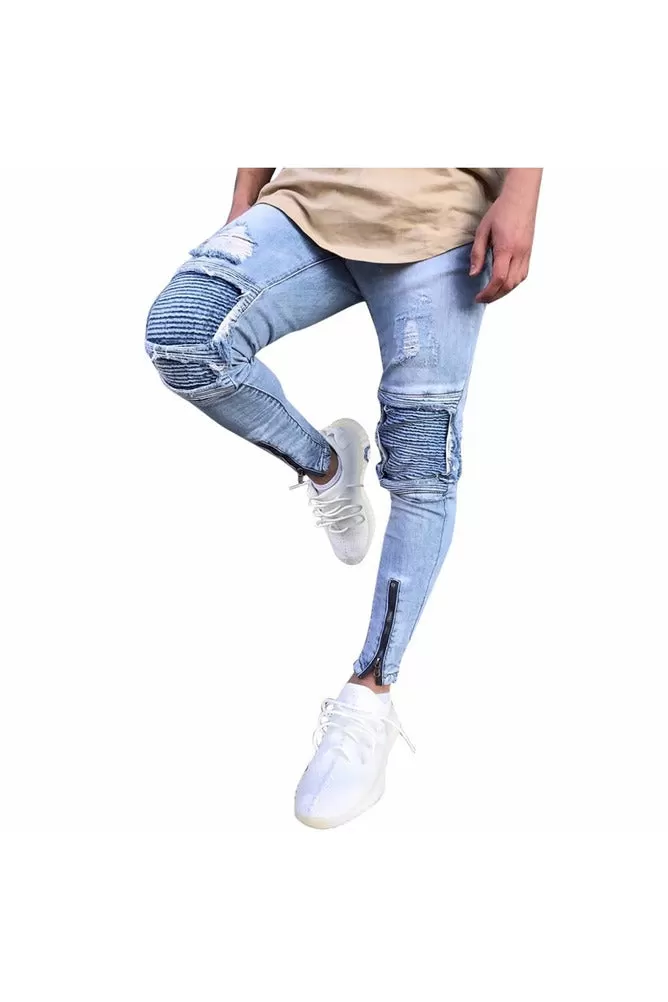 Mens Ripped Slim Fit Motorcycle Vintage Denim Jeans Hiphop Streetwear Pants