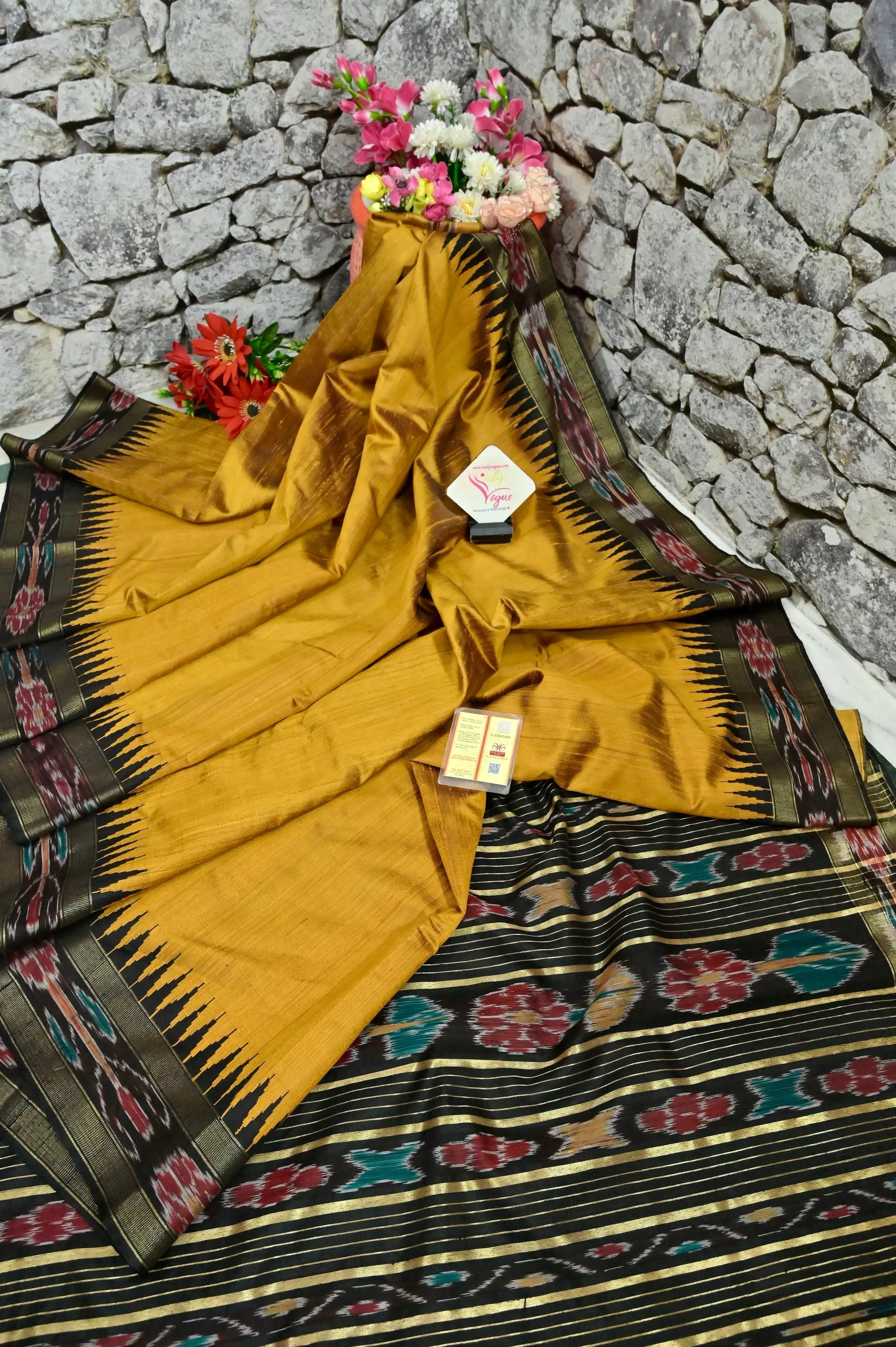 Mustard and Black Color Pure Raw Silk with Sambalpuri Border