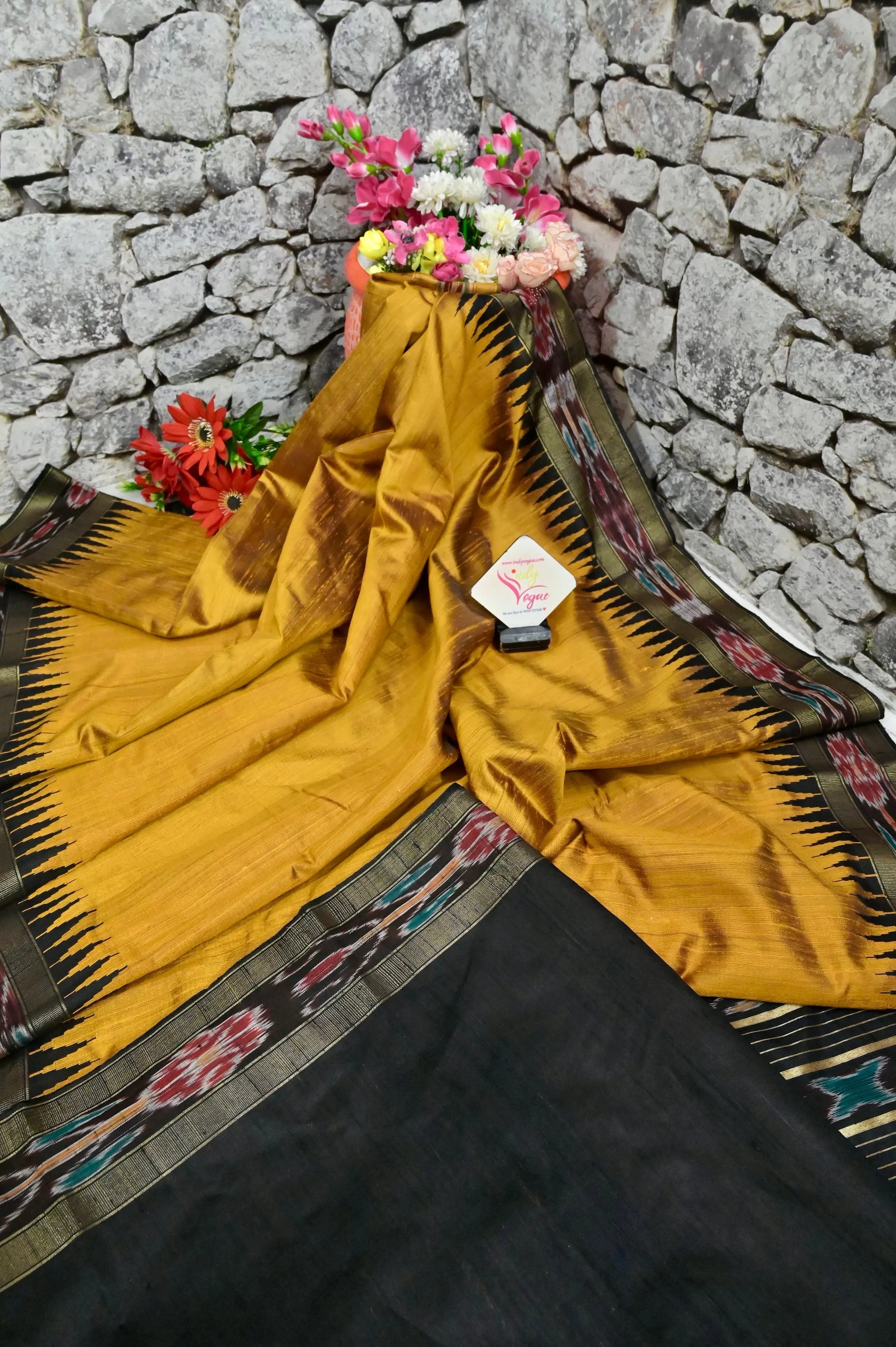 Mustard and Black Color Pure Raw Silk with Sambalpuri Border