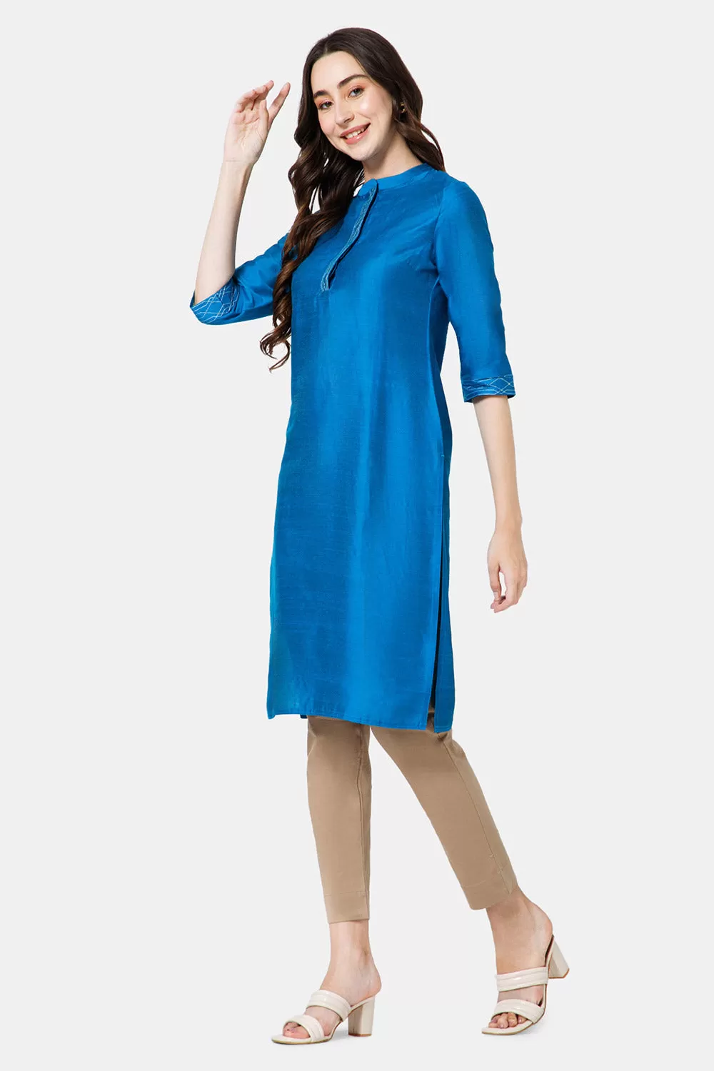 Mythri Women's Ethnic Wear Mandarin collar 3/4 sleeve straight cut Kurti - Blue - KU43