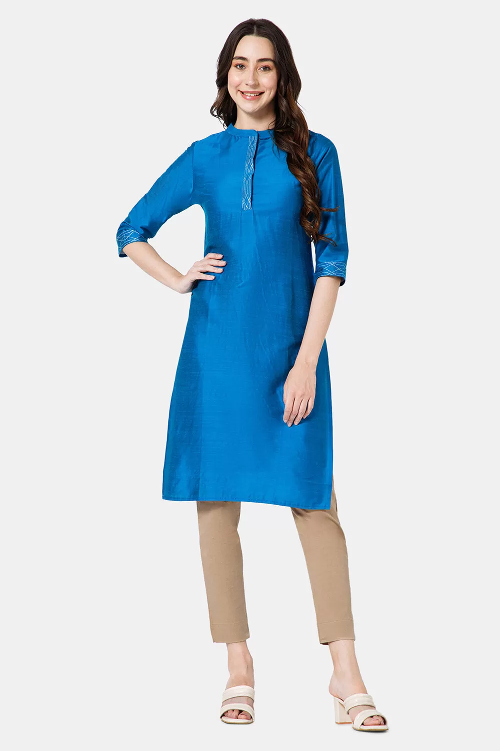 Mythri Women's Ethnic Wear Mandarin collar 3/4 sleeve straight cut Kurti - Blue - KU43