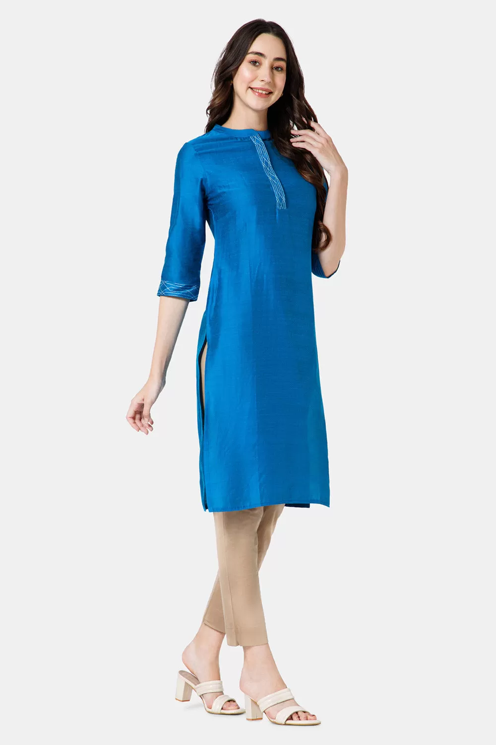 Mythri Women's Ethnic Wear Mandarin collar 3/4 sleeve straight cut Kurti - Blue - KU43